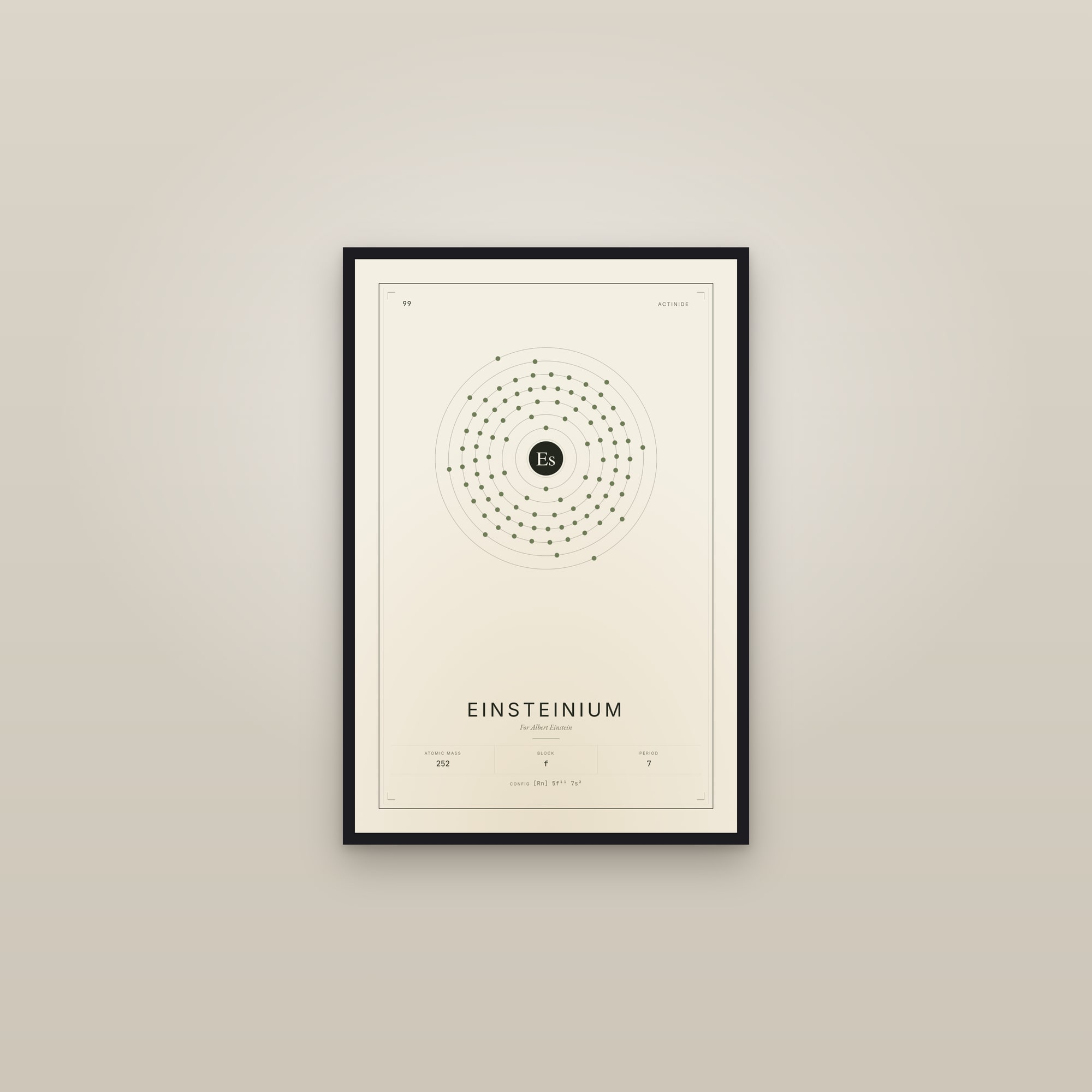 Einsteinium — Element No. 99 — framed in a gallery setting