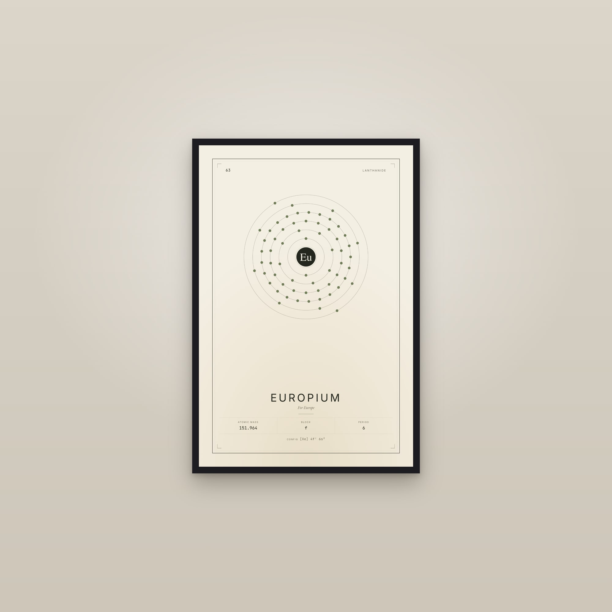 Europium — Element No. 63 — framed in a gallery setting