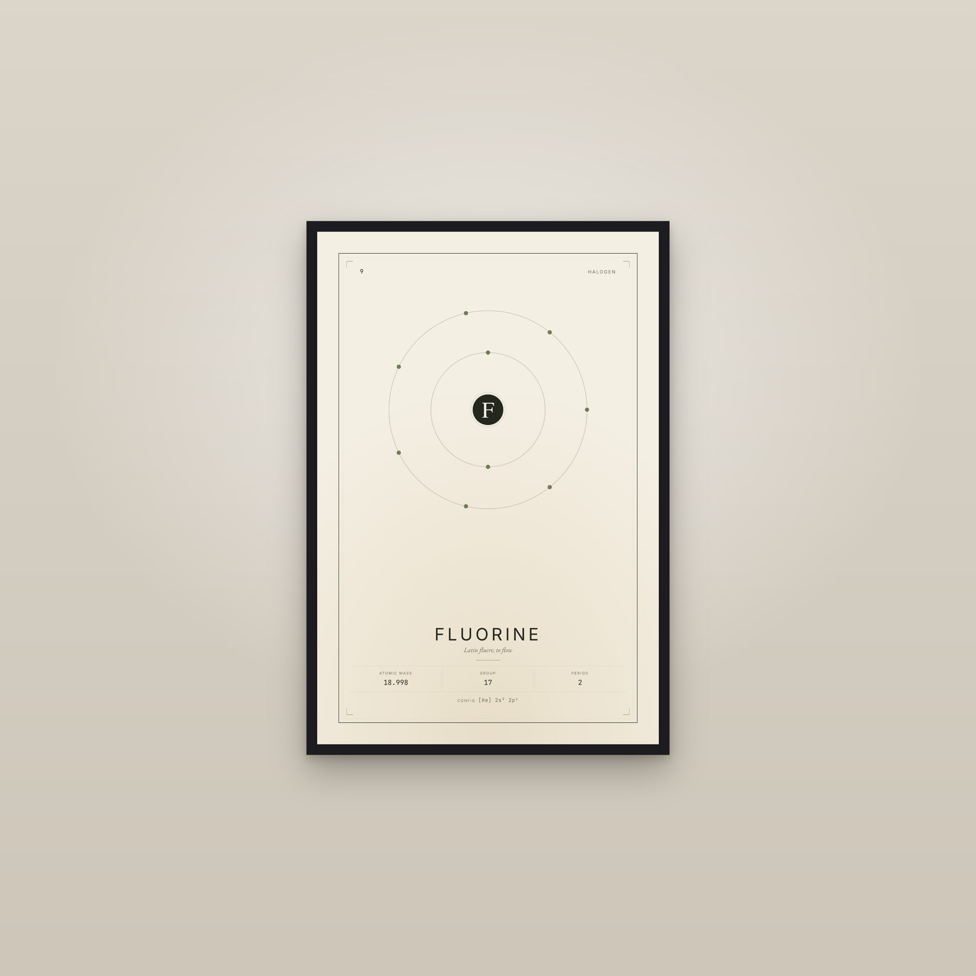 Fluorine — Element No. 9 — framed in a gallery setting
