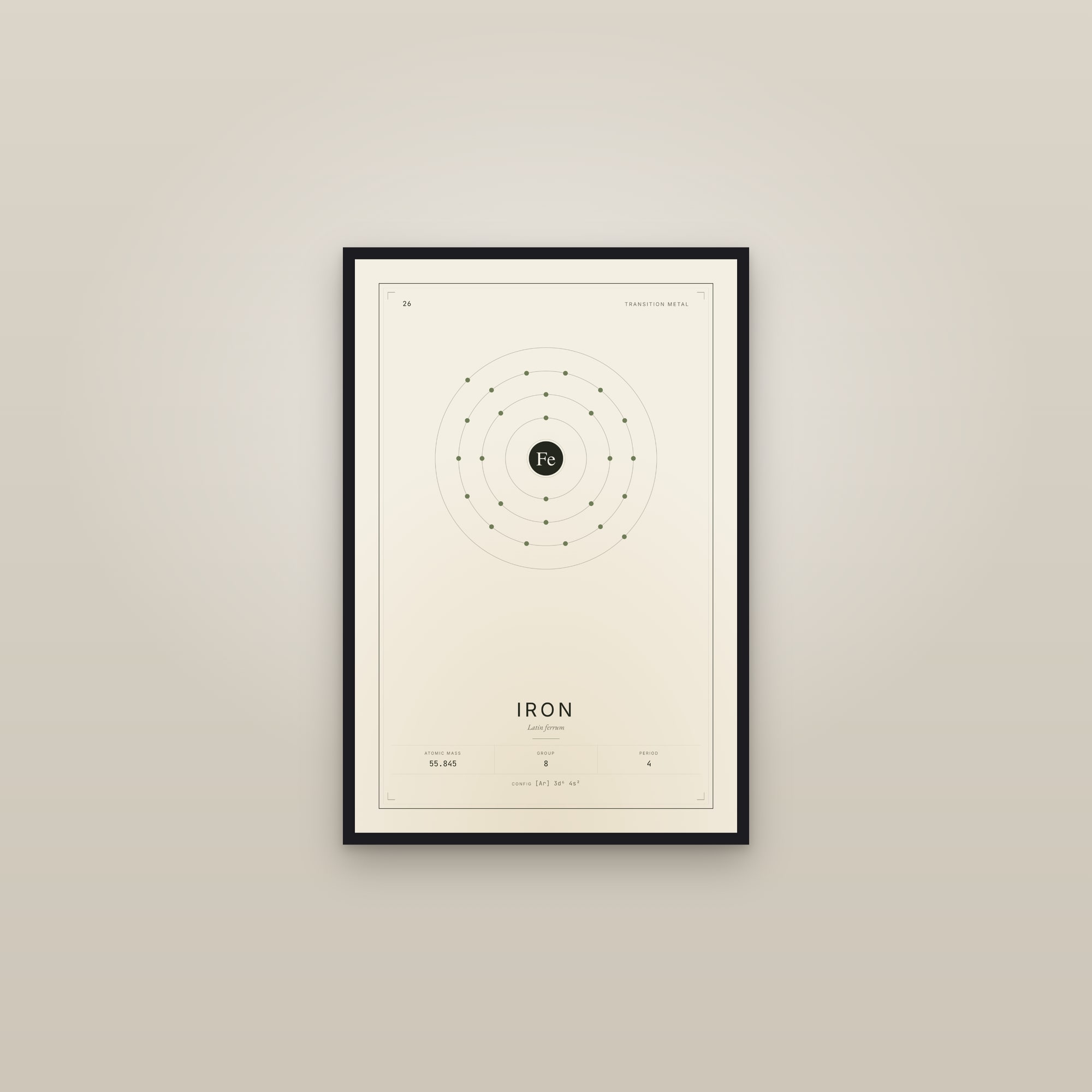 Iron — Element No. 26 — framed in a gallery setting