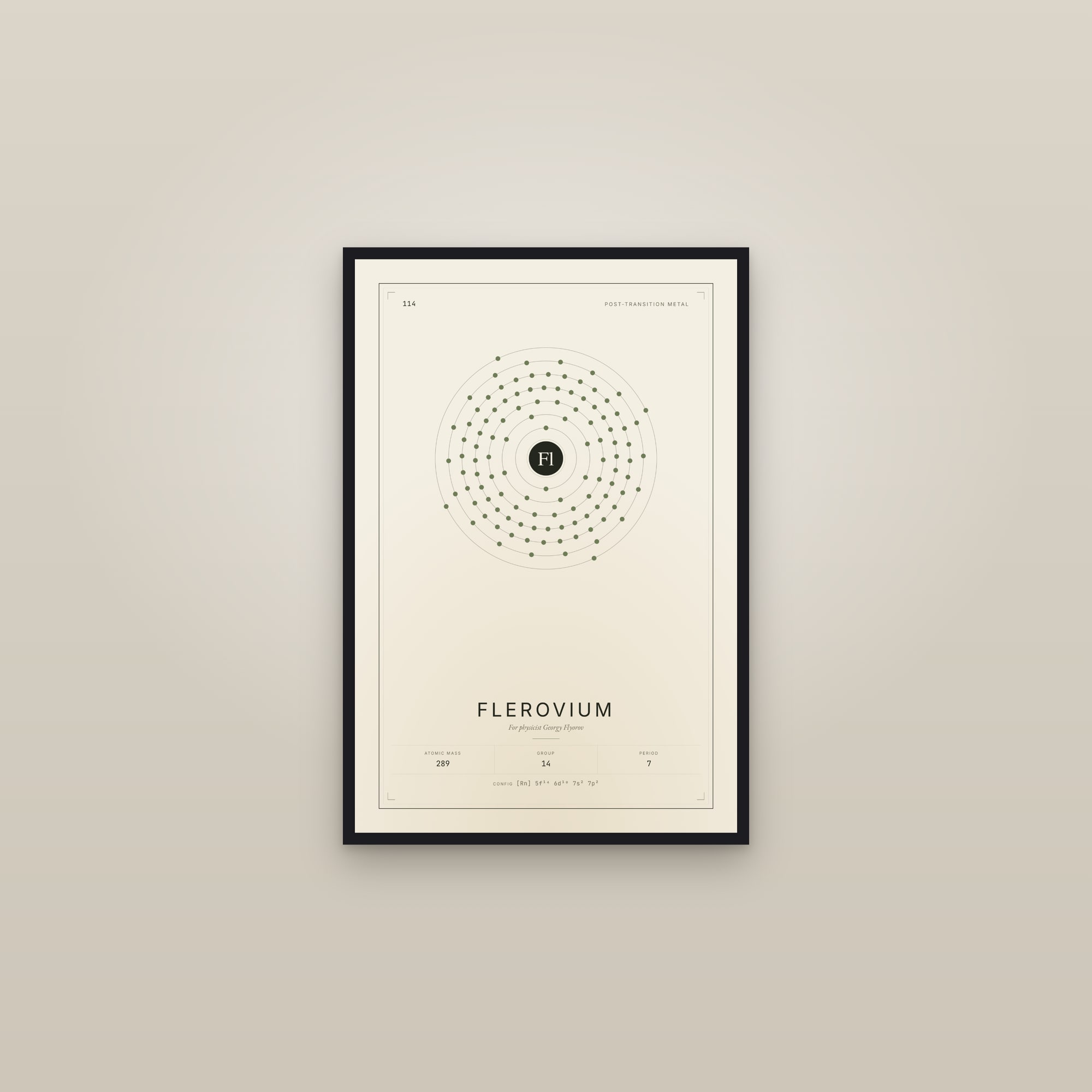 Flerovium — Element No. 114 — framed in a gallery setting
