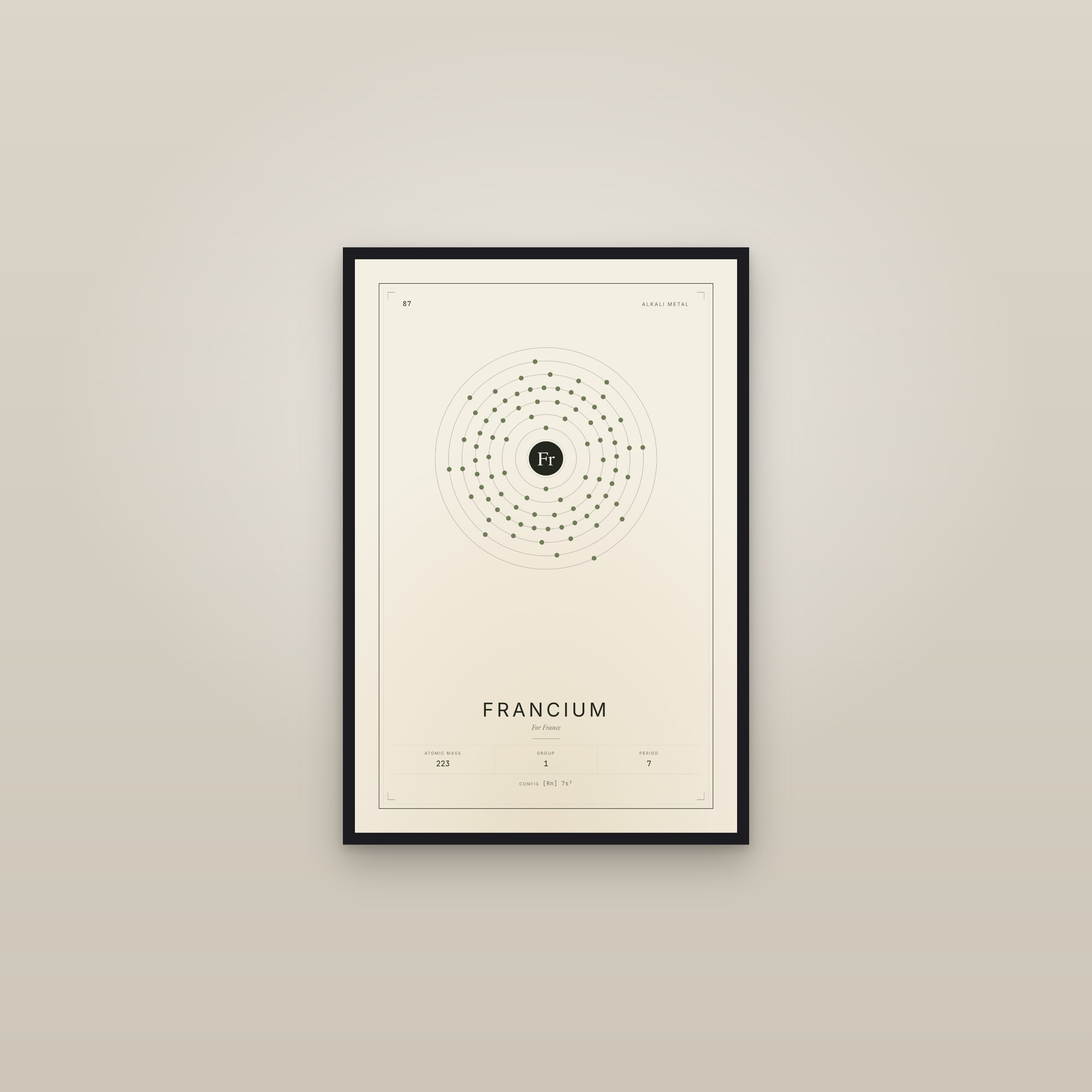 Francium — Element No. 87 — framed in a gallery setting