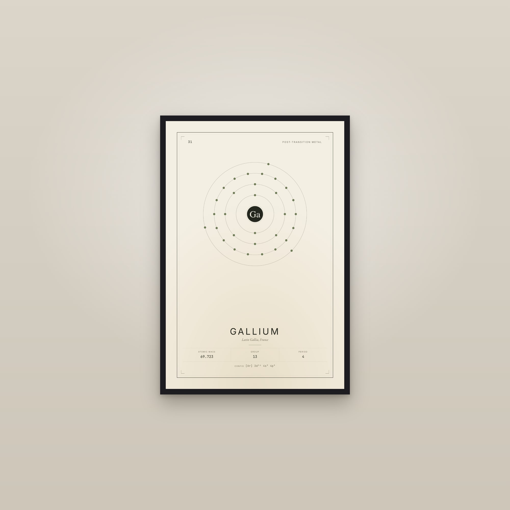 Gallium — Element No. 31 — framed in a gallery setting