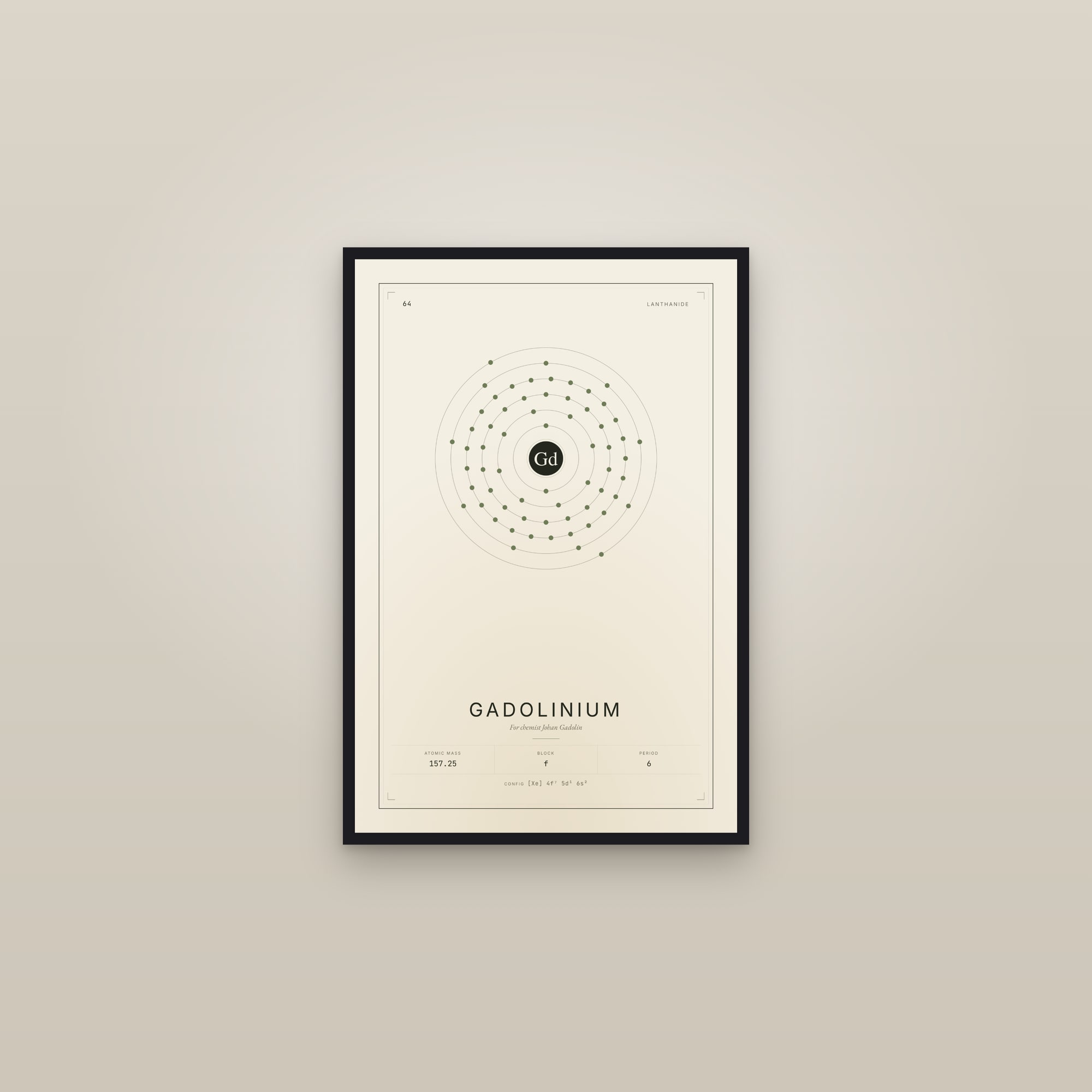 Gadolinium — Element No. 64 — framed in a gallery setting