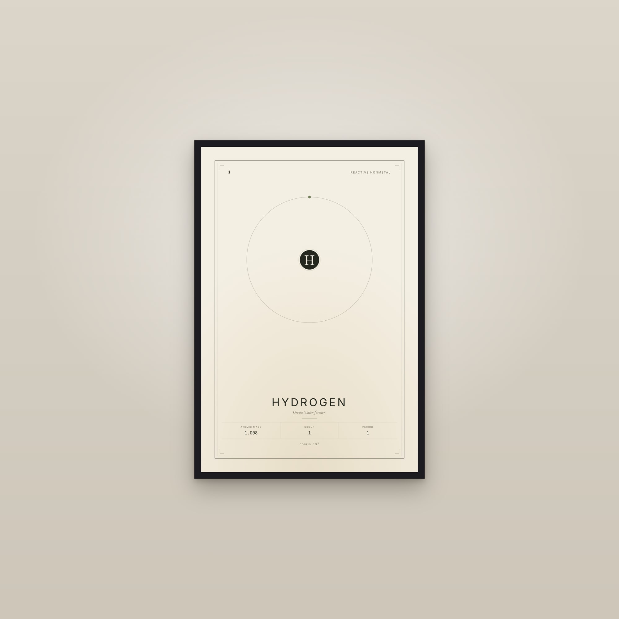 Hydrogen — Element No. 1 — framed in a gallery setting