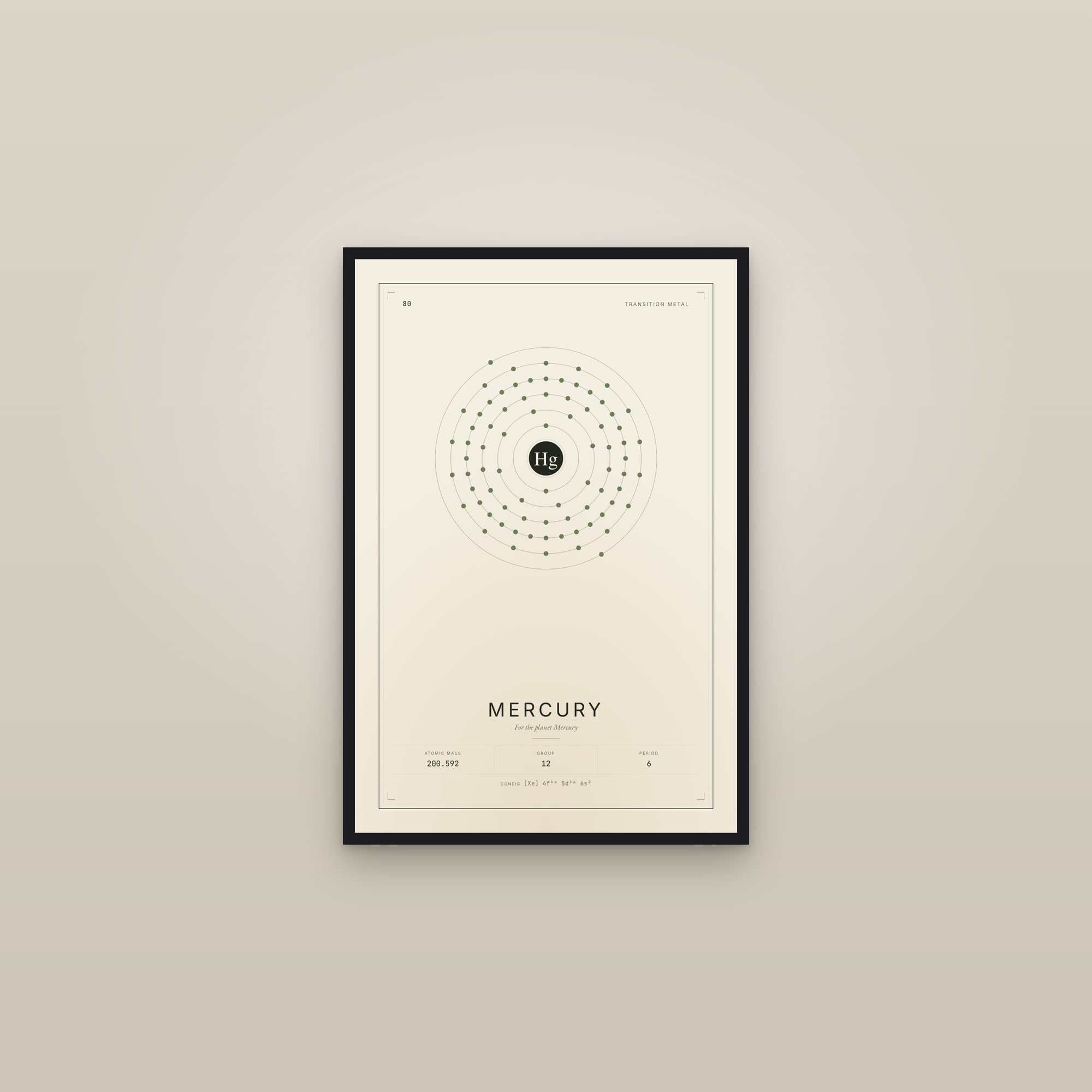 Mercury — Element No. 80 — framed in a gallery setting