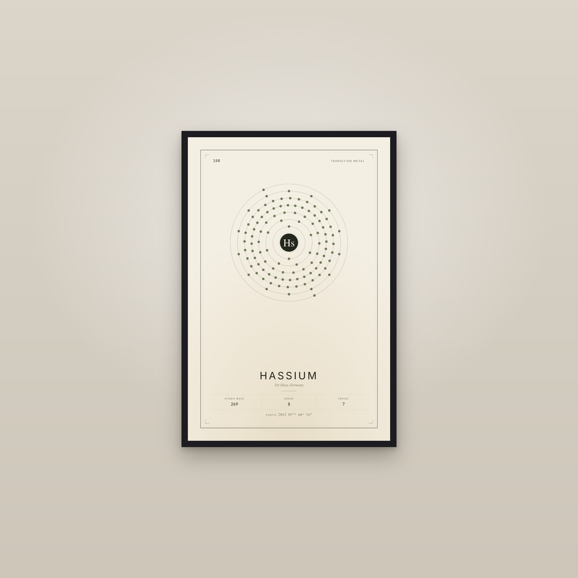 Hassium — Element No. 108 — framed in a gallery setting