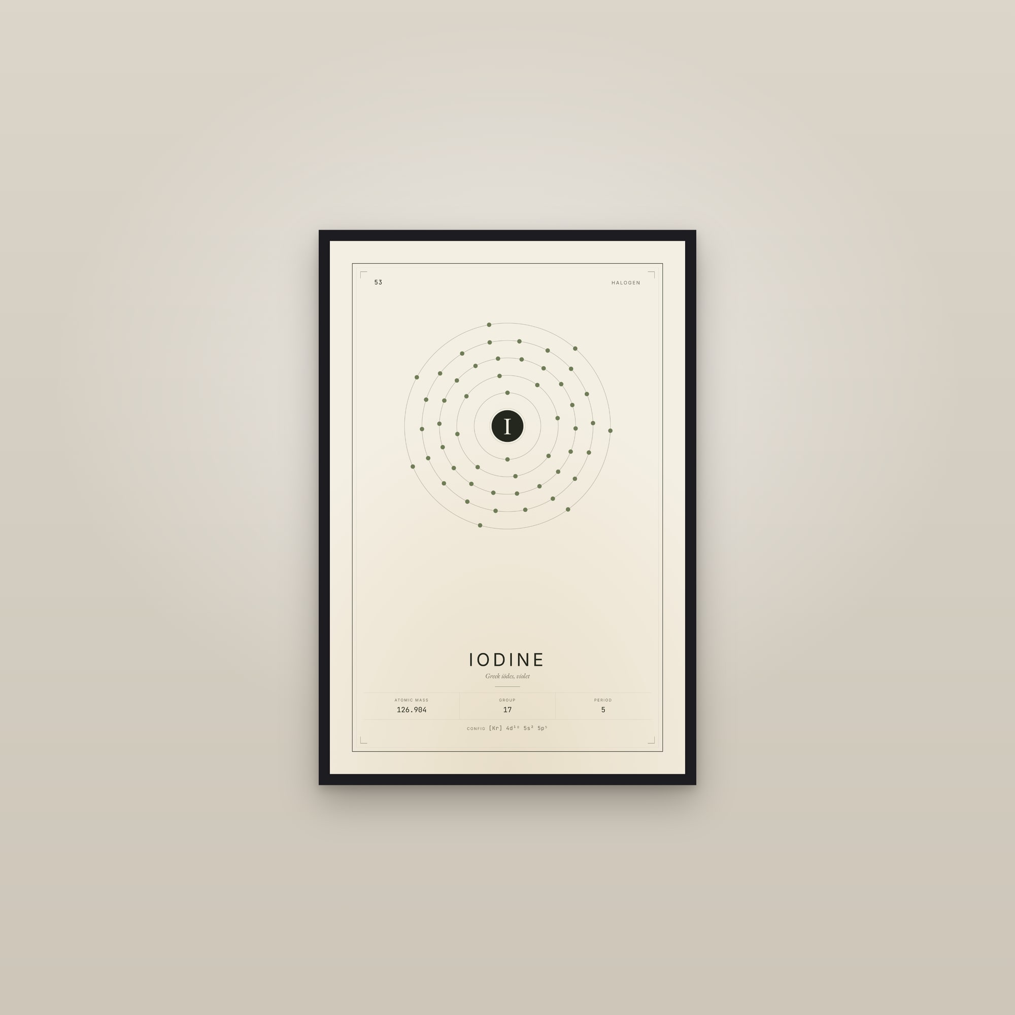 Iodine — Element No. 53 — framed in a gallery setting