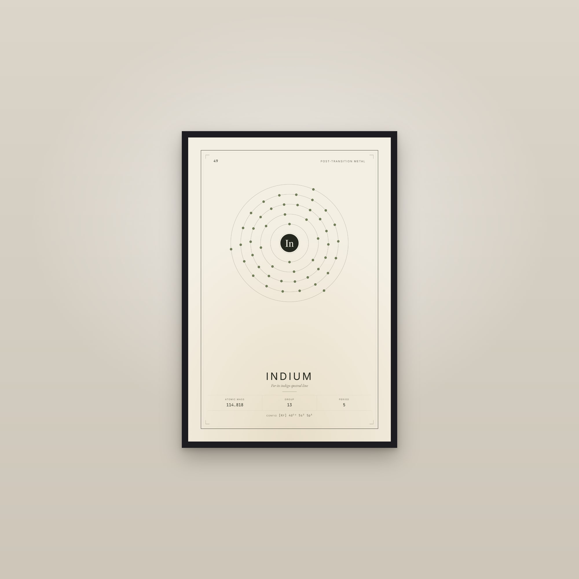 Indium — Element No. 49 — framed in a gallery setting