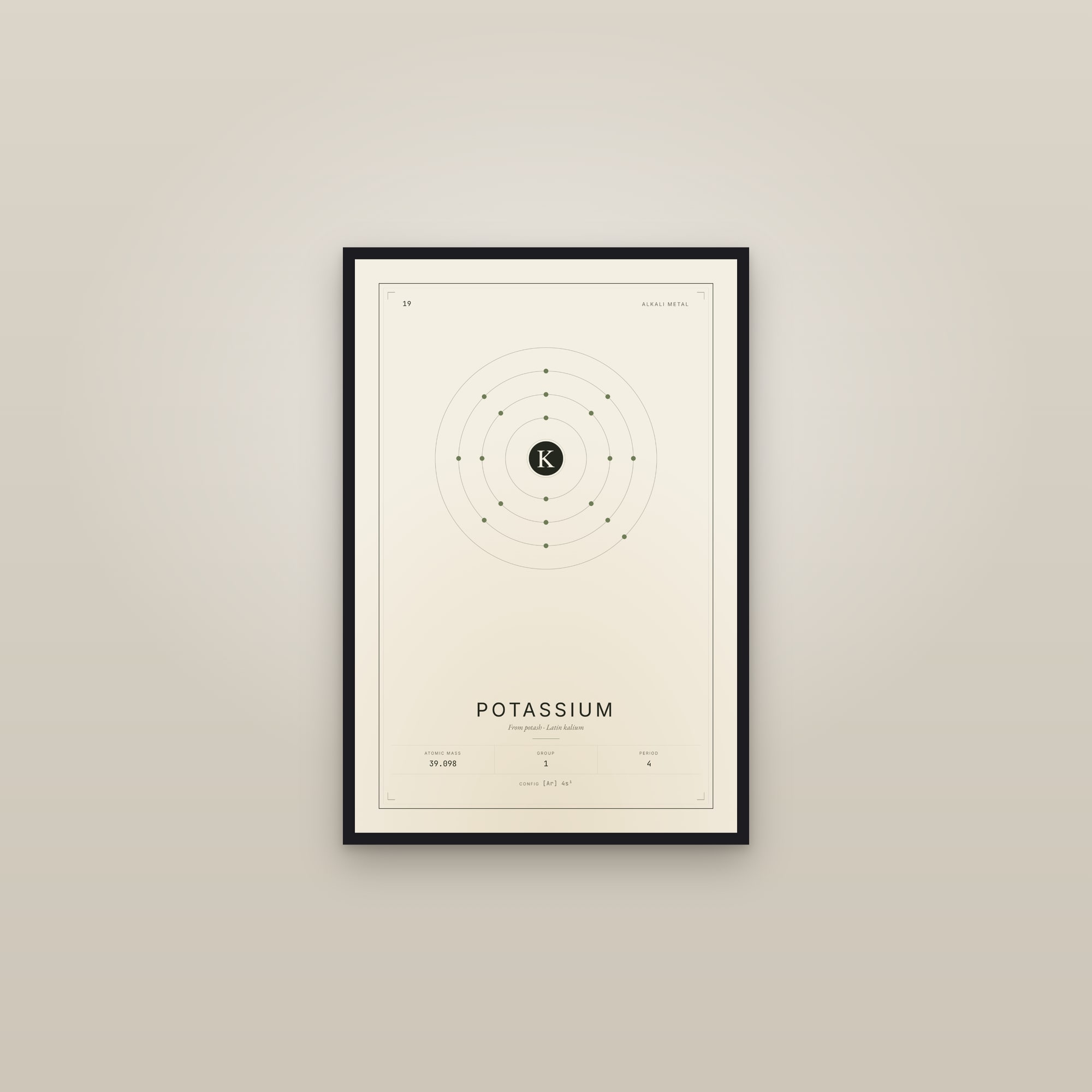 Potassium — Element No. 19 — framed in a gallery setting