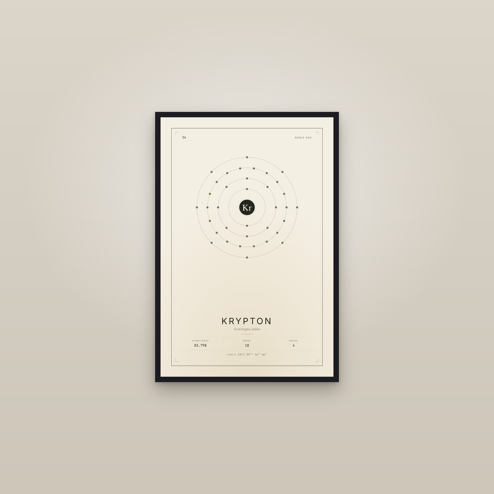 Krypton — Element No. 36 — framed in a gallery setting
