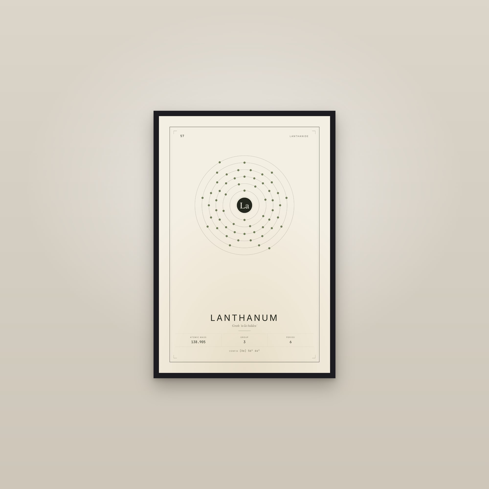 Lanthanum — Element No. 57 — framed in a gallery setting