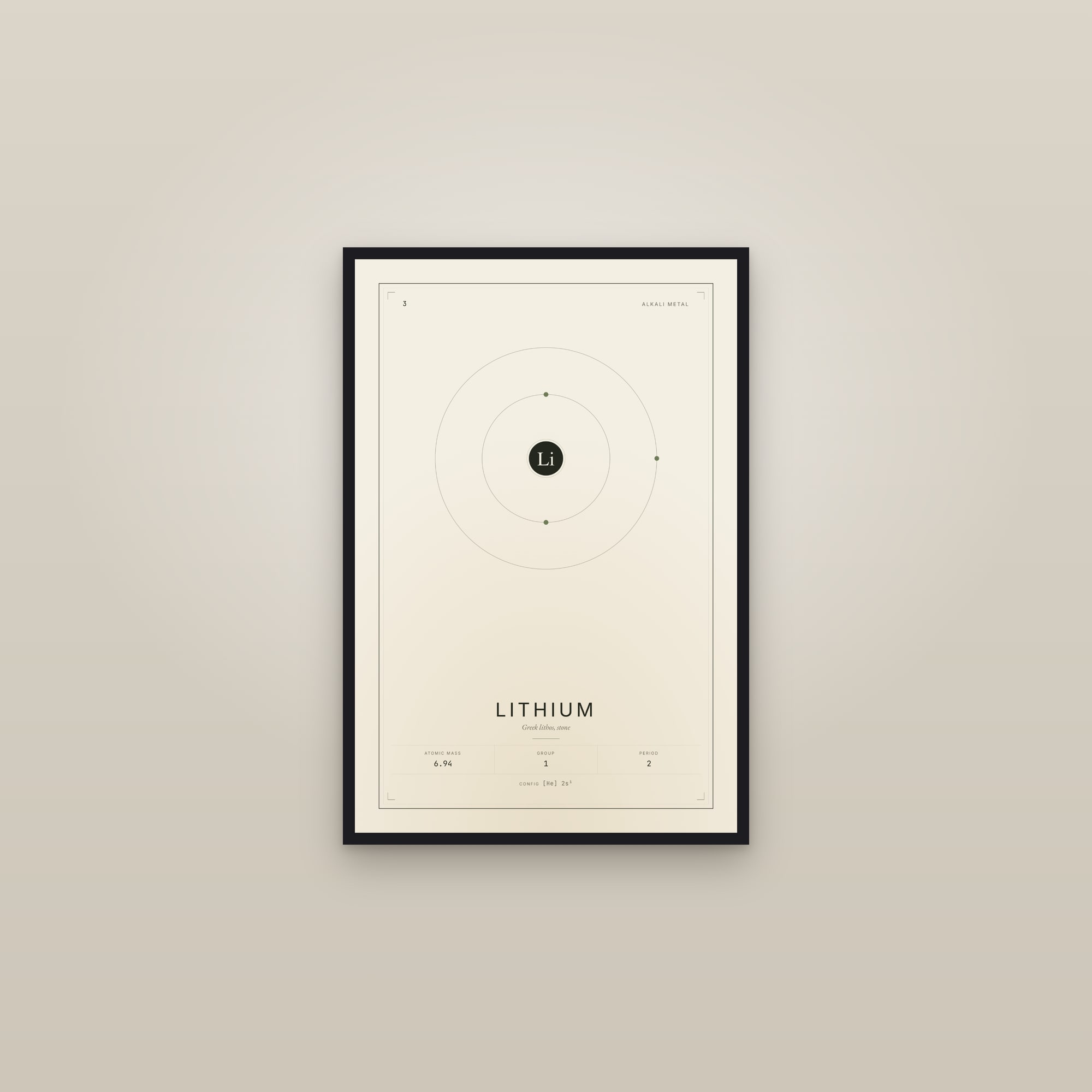 Lithium — Element No. 3 — framed in a gallery setting