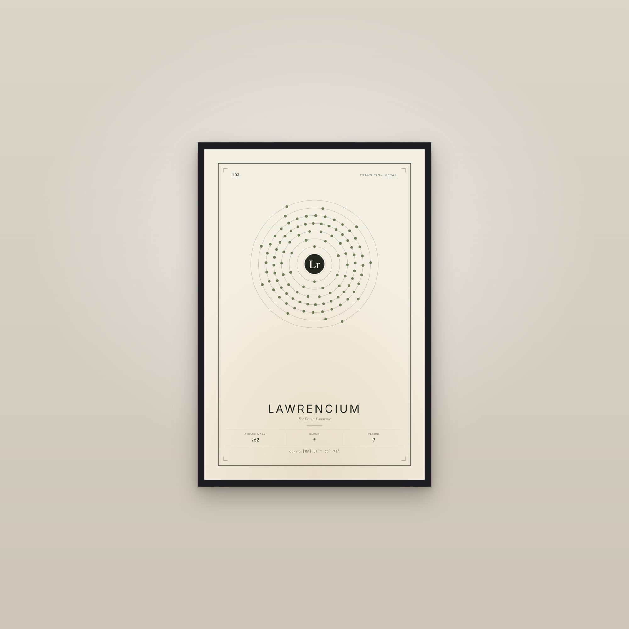 Lawrencium — Element No. 103 — framed in a gallery setting