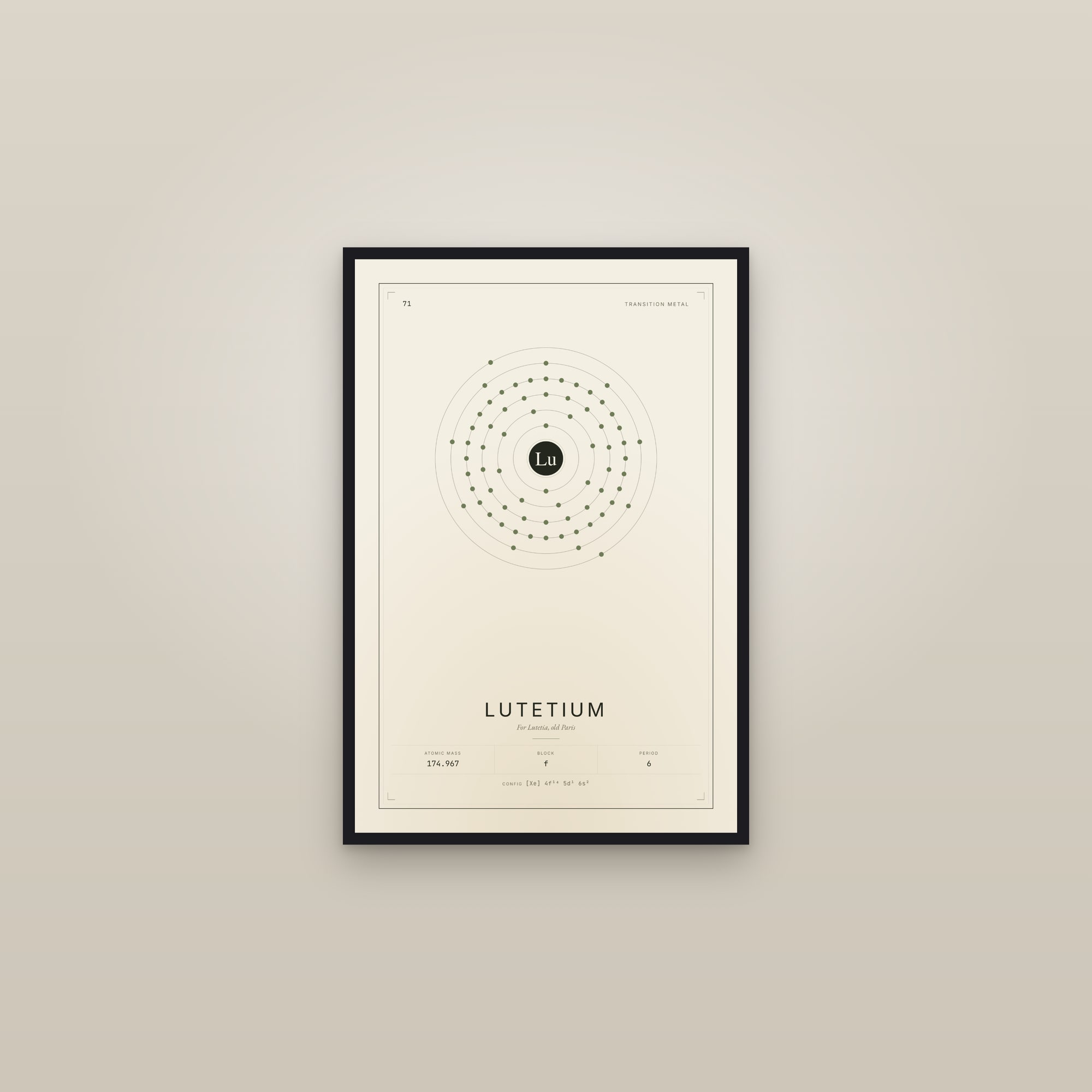 Lutetium — Element No. 71 — framed in a gallery setting