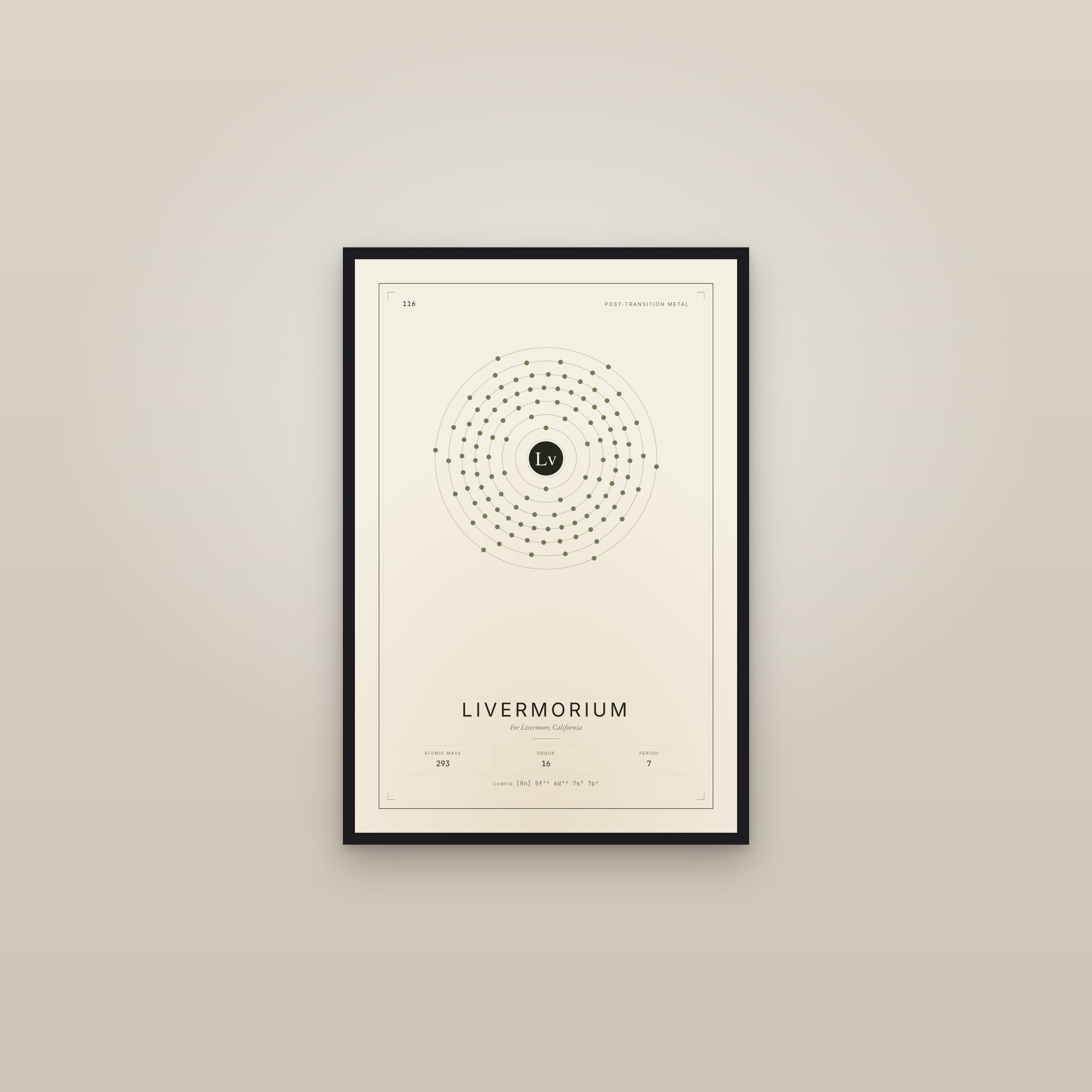 Livermorium — Element No. 116 — framed in a gallery setting
