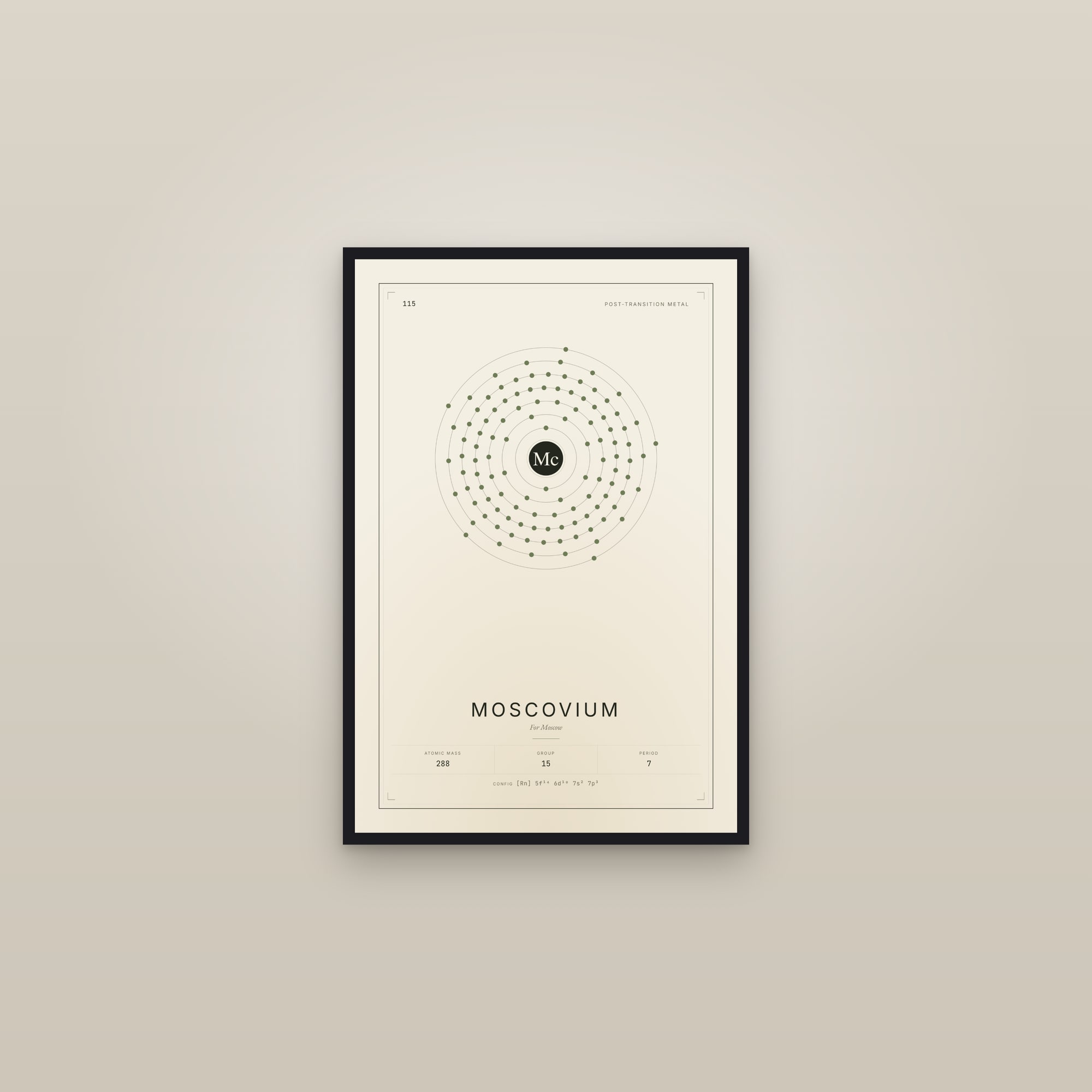 Moscovium — Element No. 115 — framed in a gallery setting