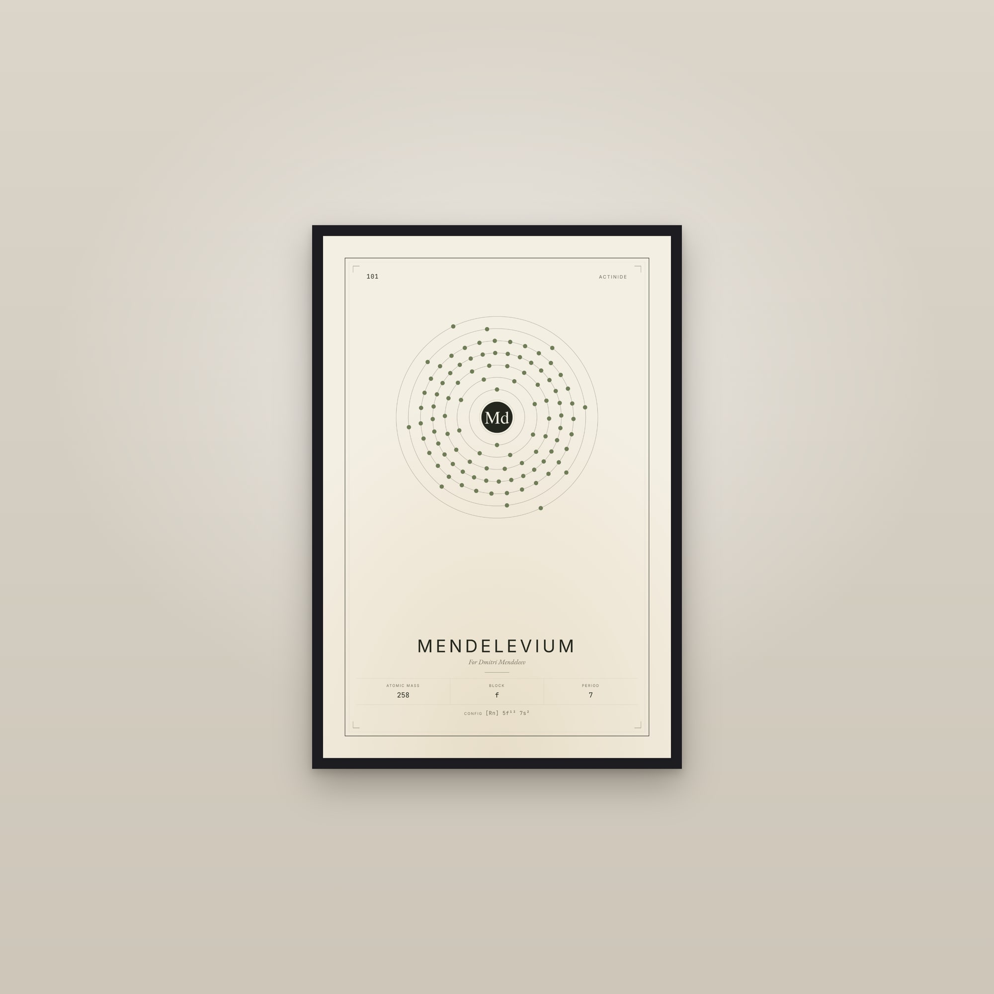 Mendelevium — Element No. 101 — framed in a gallery setting