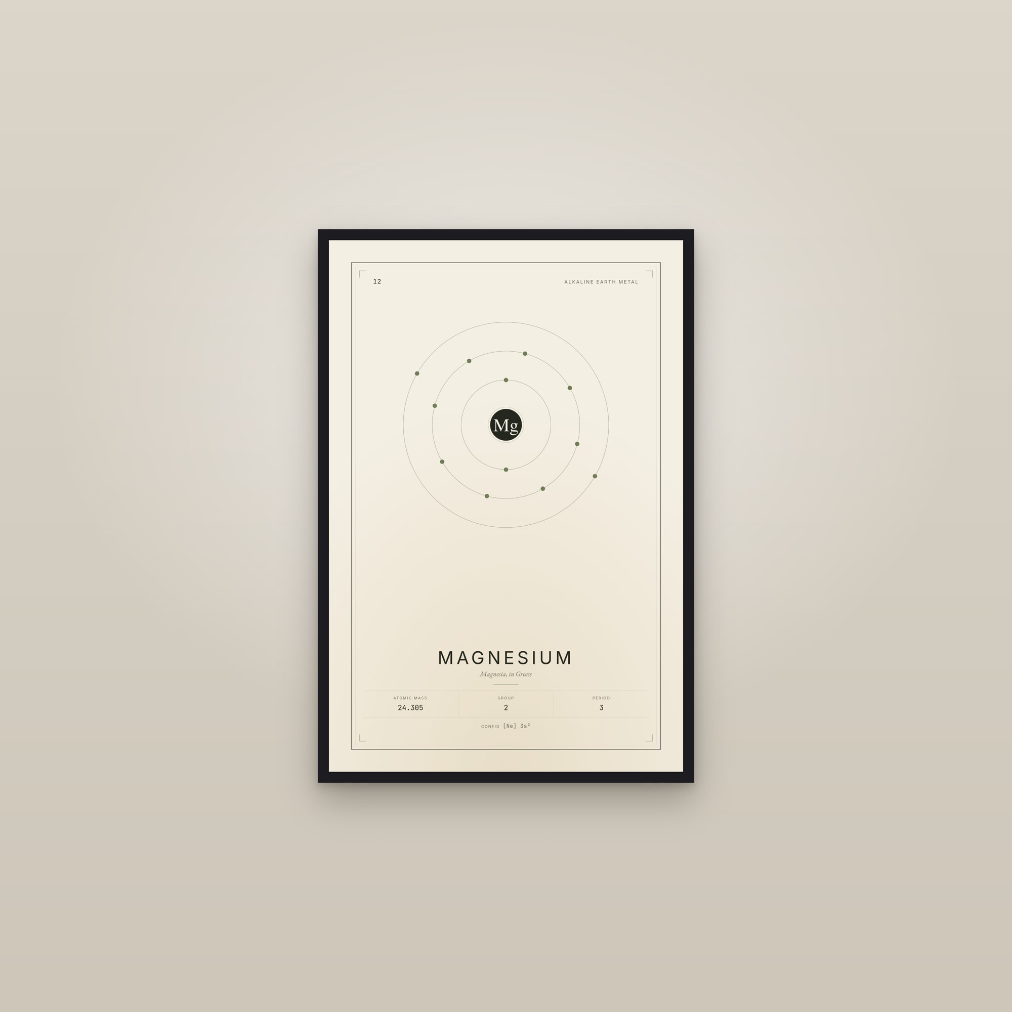 Magnesium — Element No. 12 — framed in a gallery setting