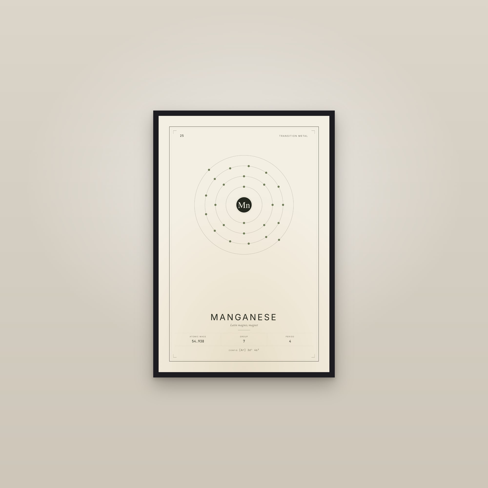 Manganese — Element No. 25 — framed in a gallery setting