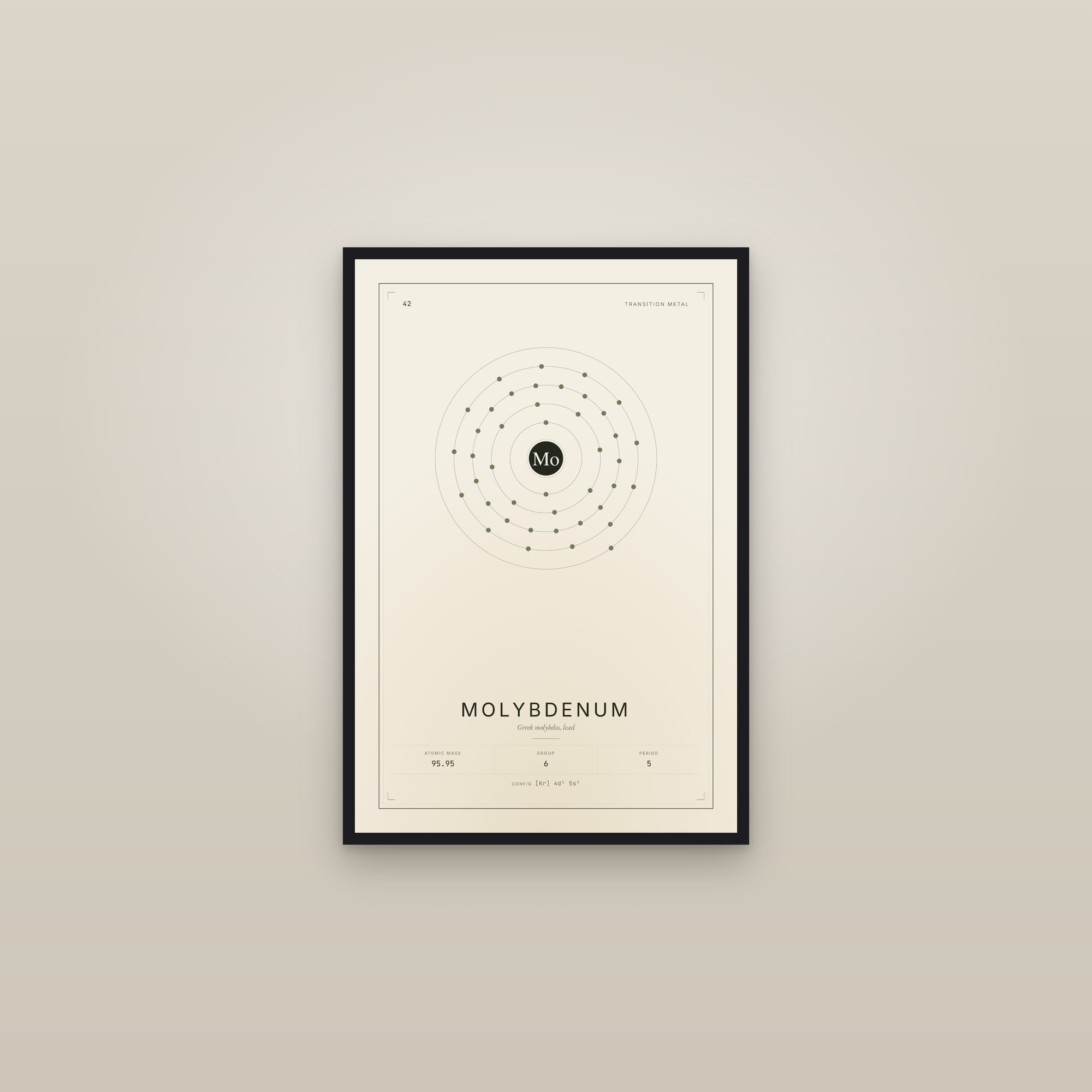 Molybdenum — Element No. 42 — framed in a gallery setting