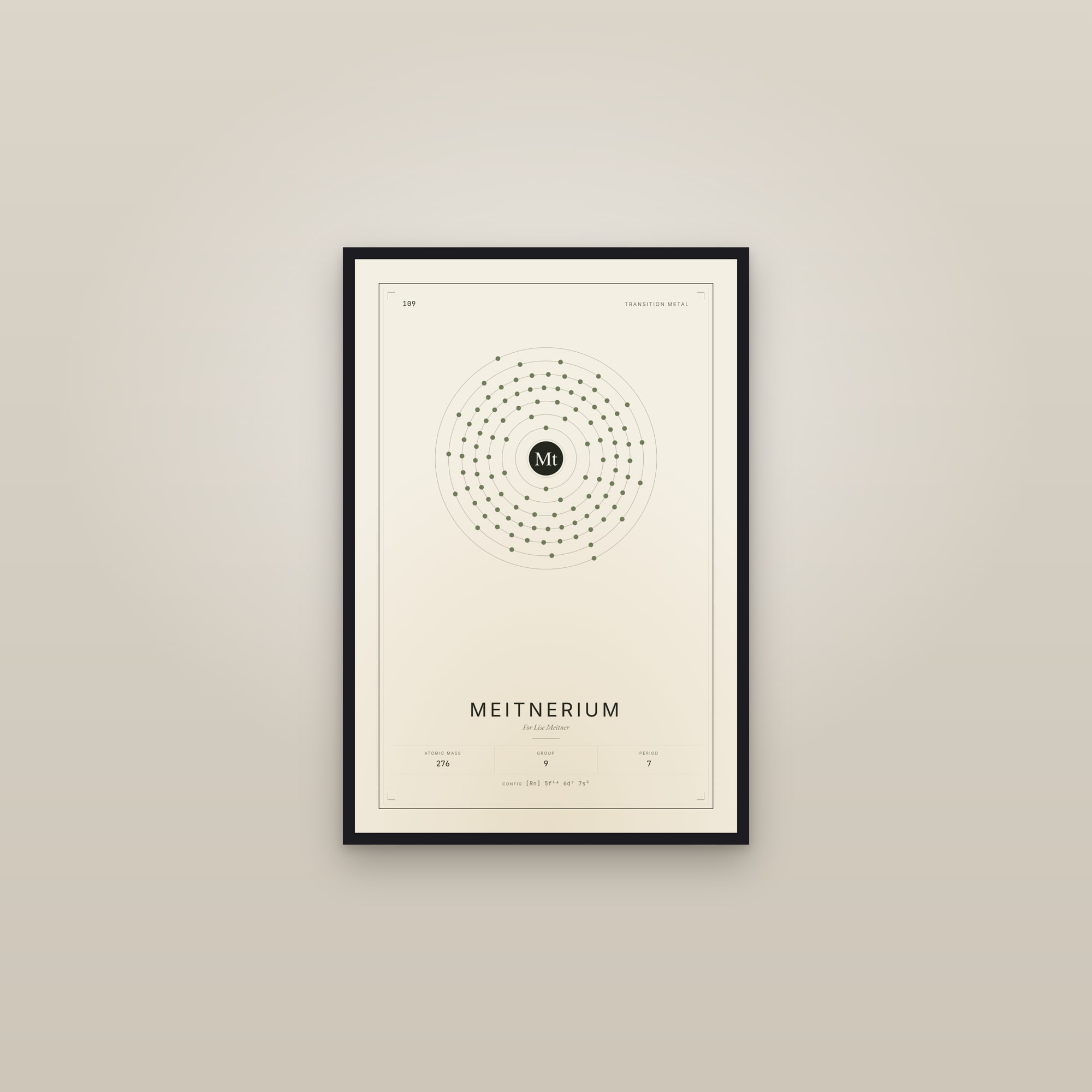 Meitnerium — Element No. 109 — framed in a gallery setting