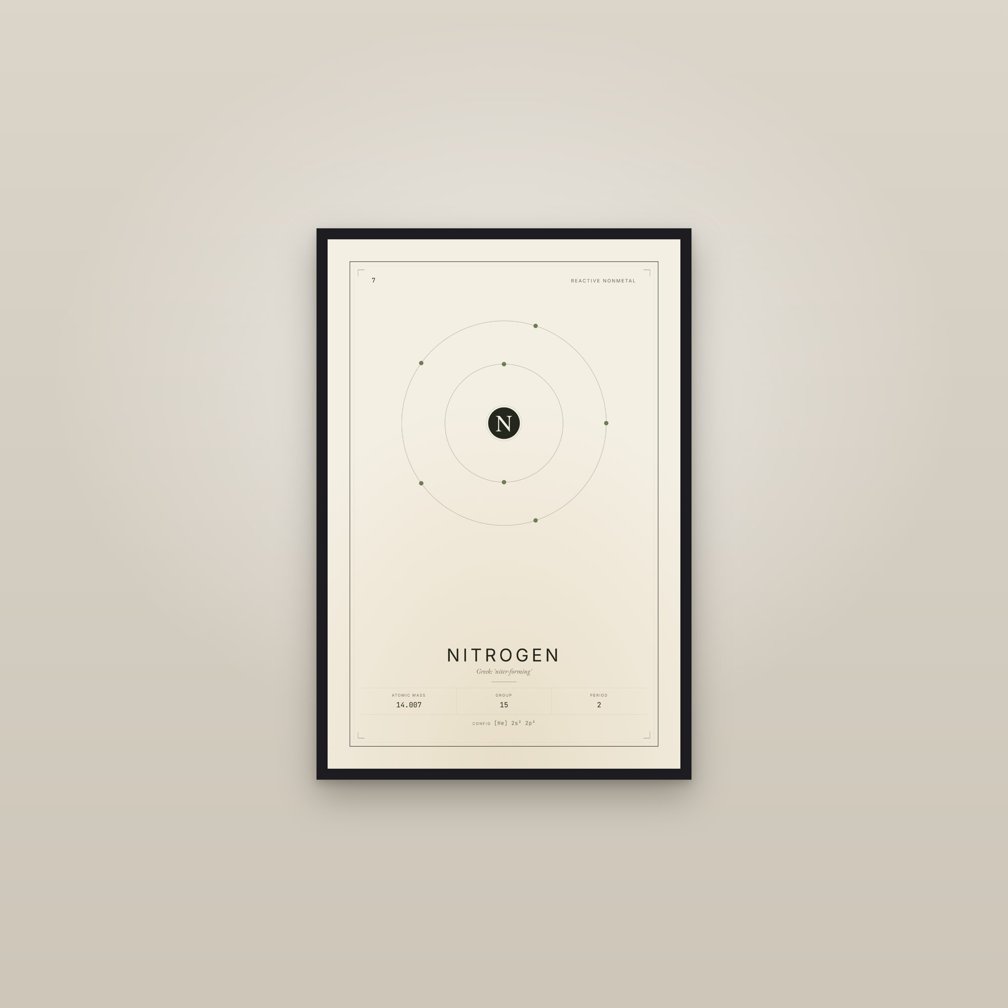 Nitrogen — Element No. 7 — framed in a gallery setting