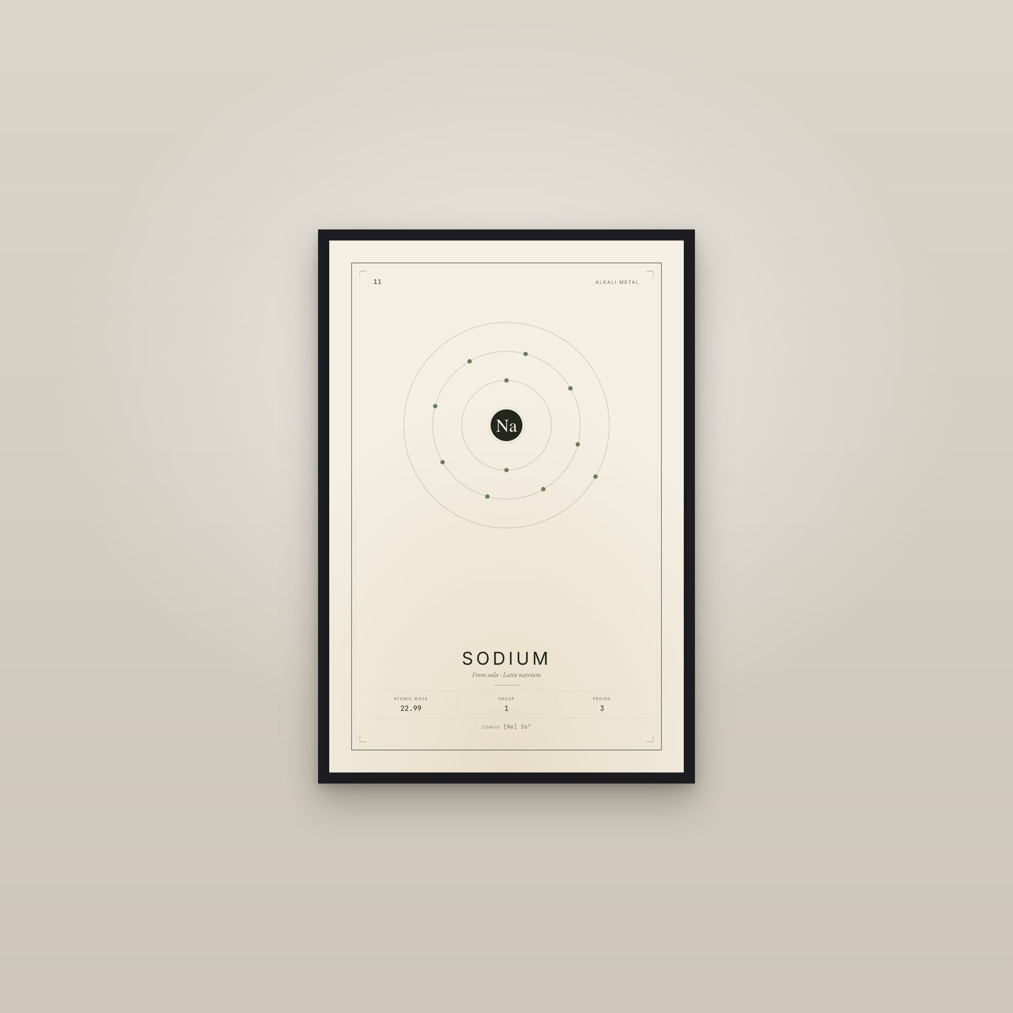 Sodium — Element No. 11 — framed in a gallery setting