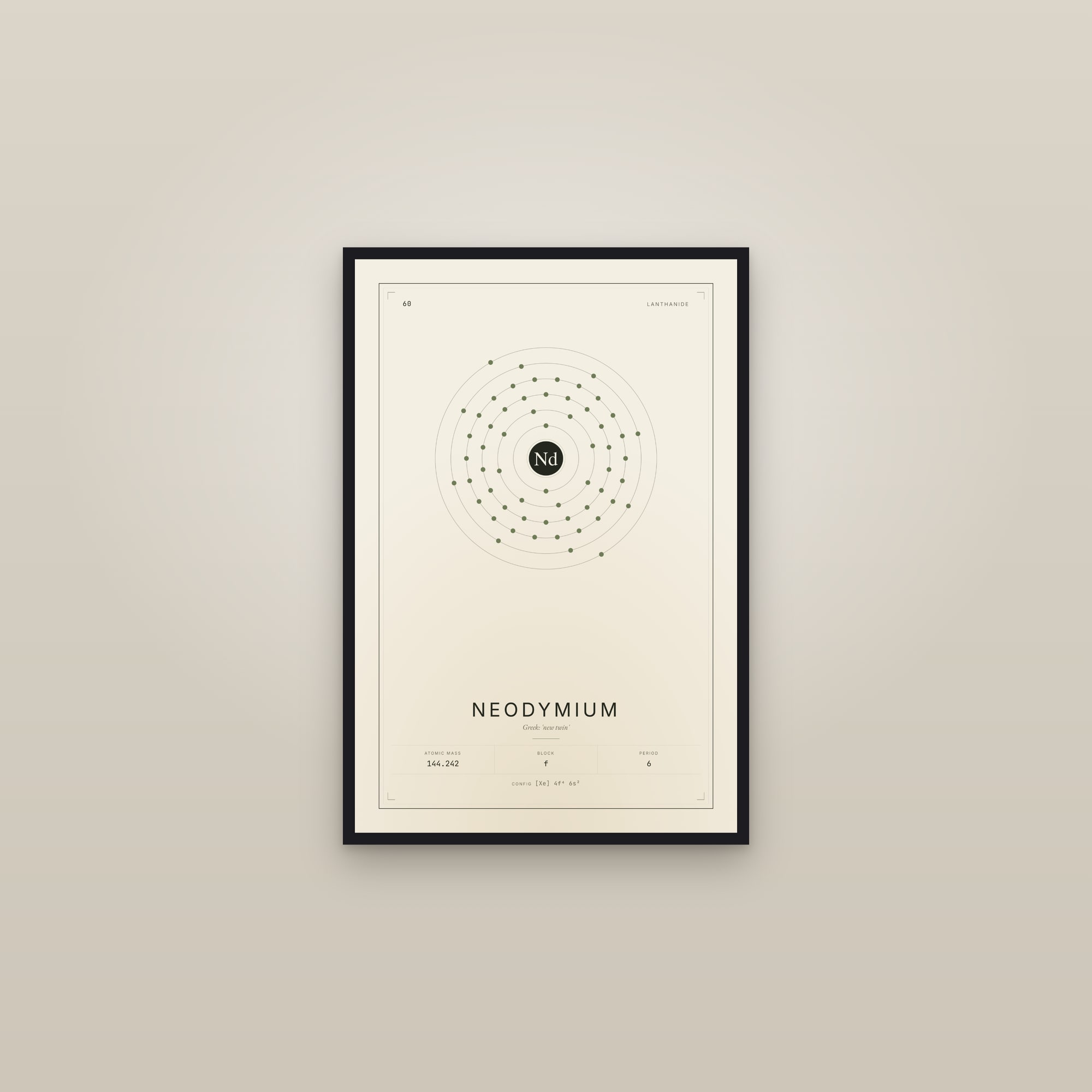 Neodymium — Element No. 60 — framed in a gallery setting