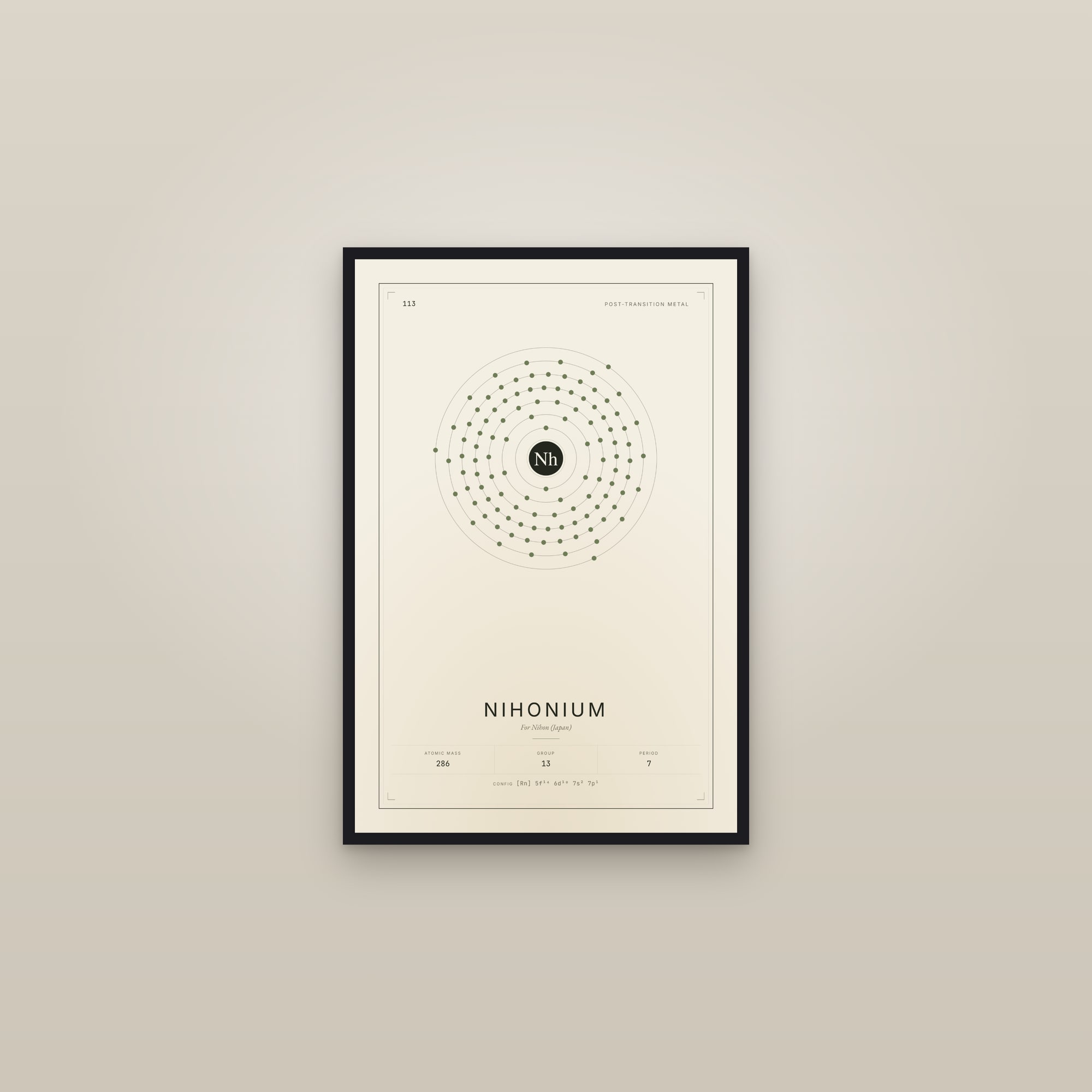 Nihonium — Element No. 113 — framed in a gallery setting