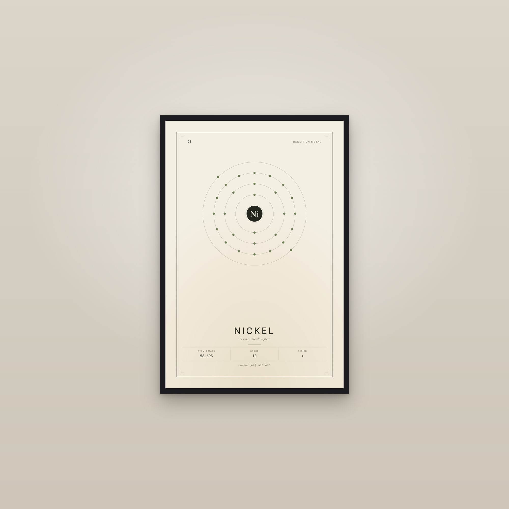 Nickel — Element No. 28 — framed in a gallery setting