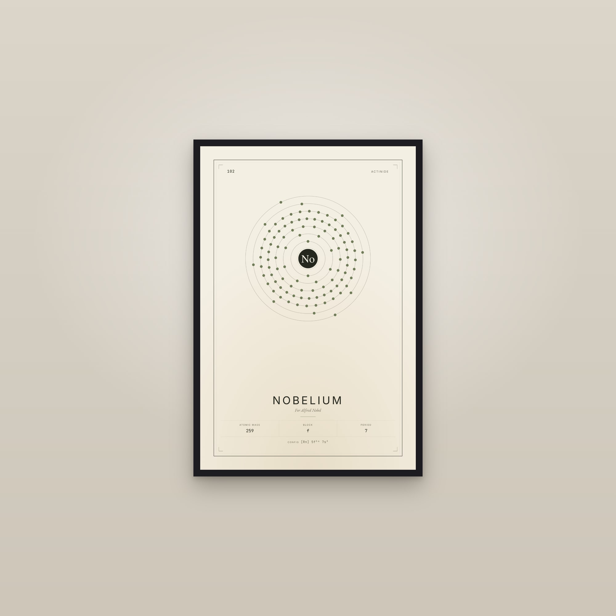 Nobelium — Element No. 102 — framed in a gallery setting