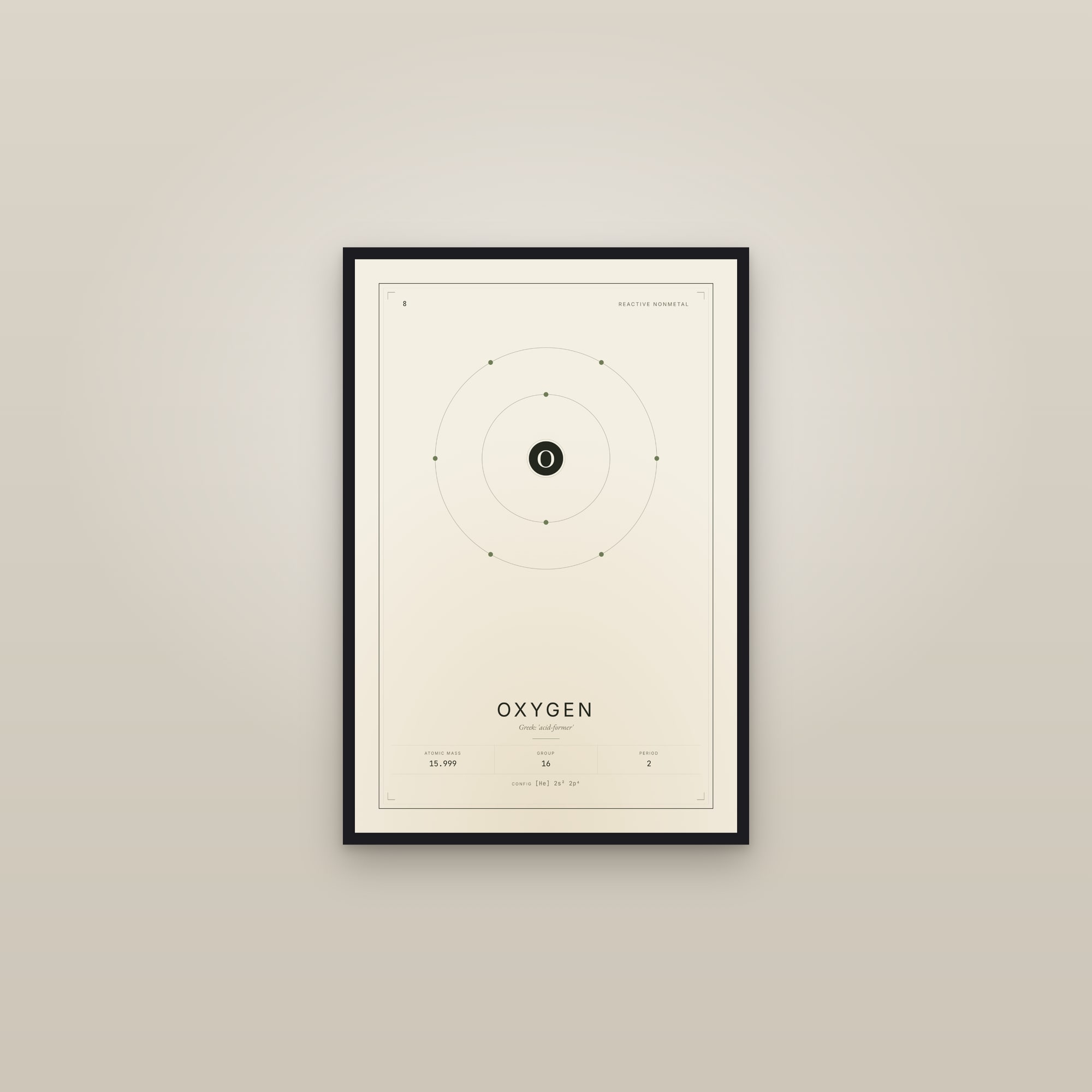 Oxygen — Element No. 8 — framed in a gallery setting