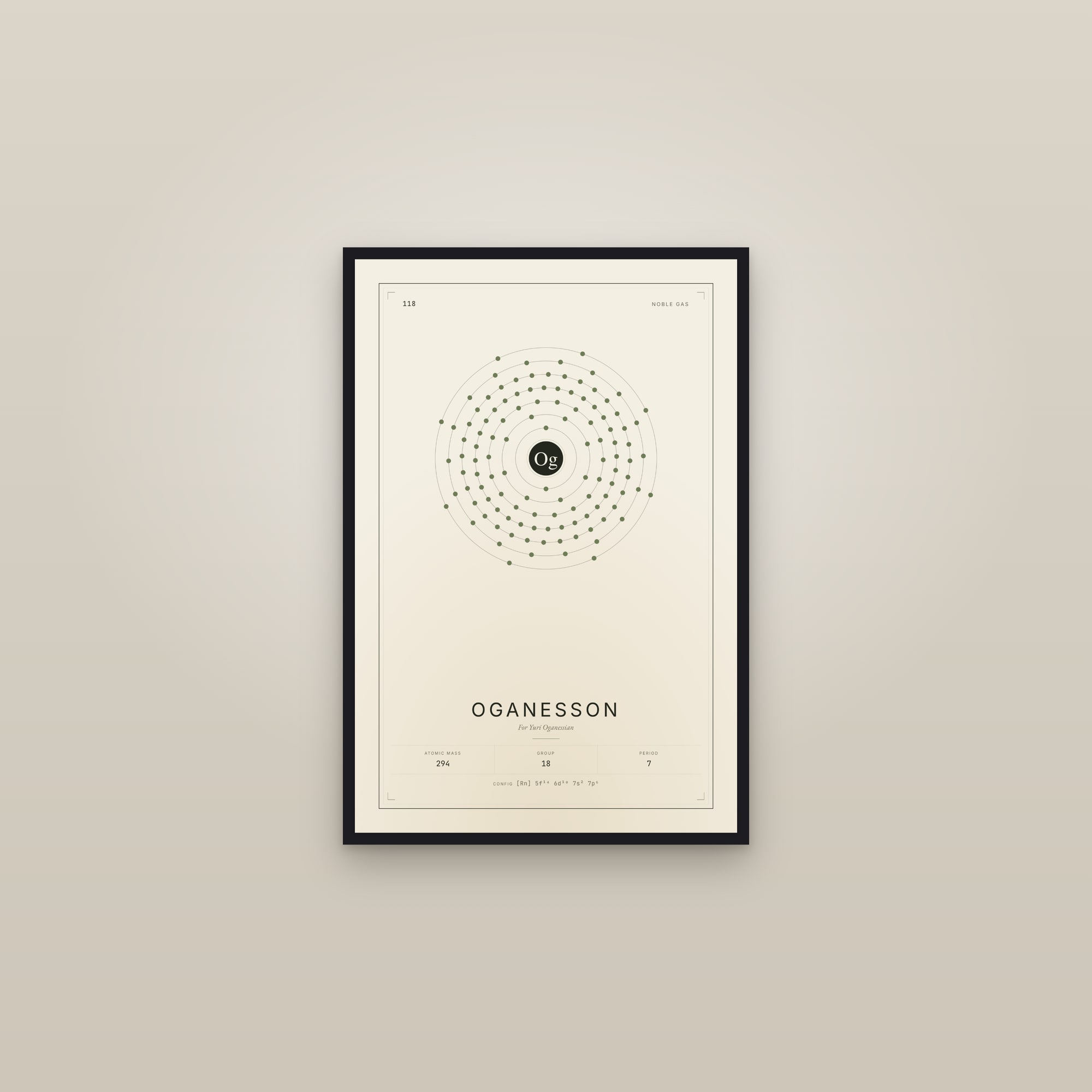 Oganesson — Element No. 118 — framed in a gallery setting