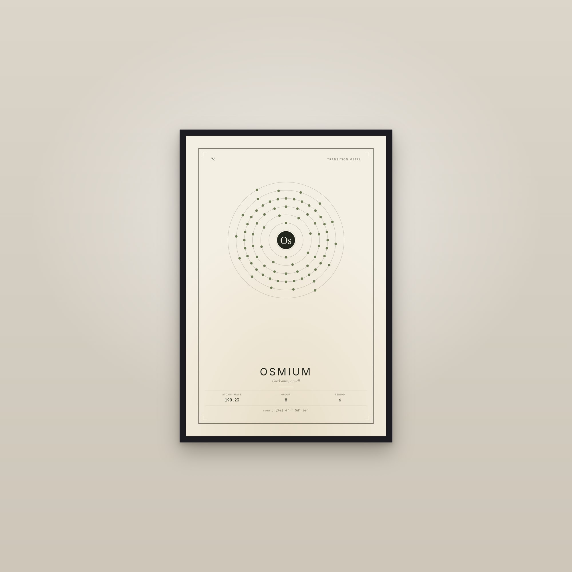 Osmium — Element No. 76 — framed in a gallery setting