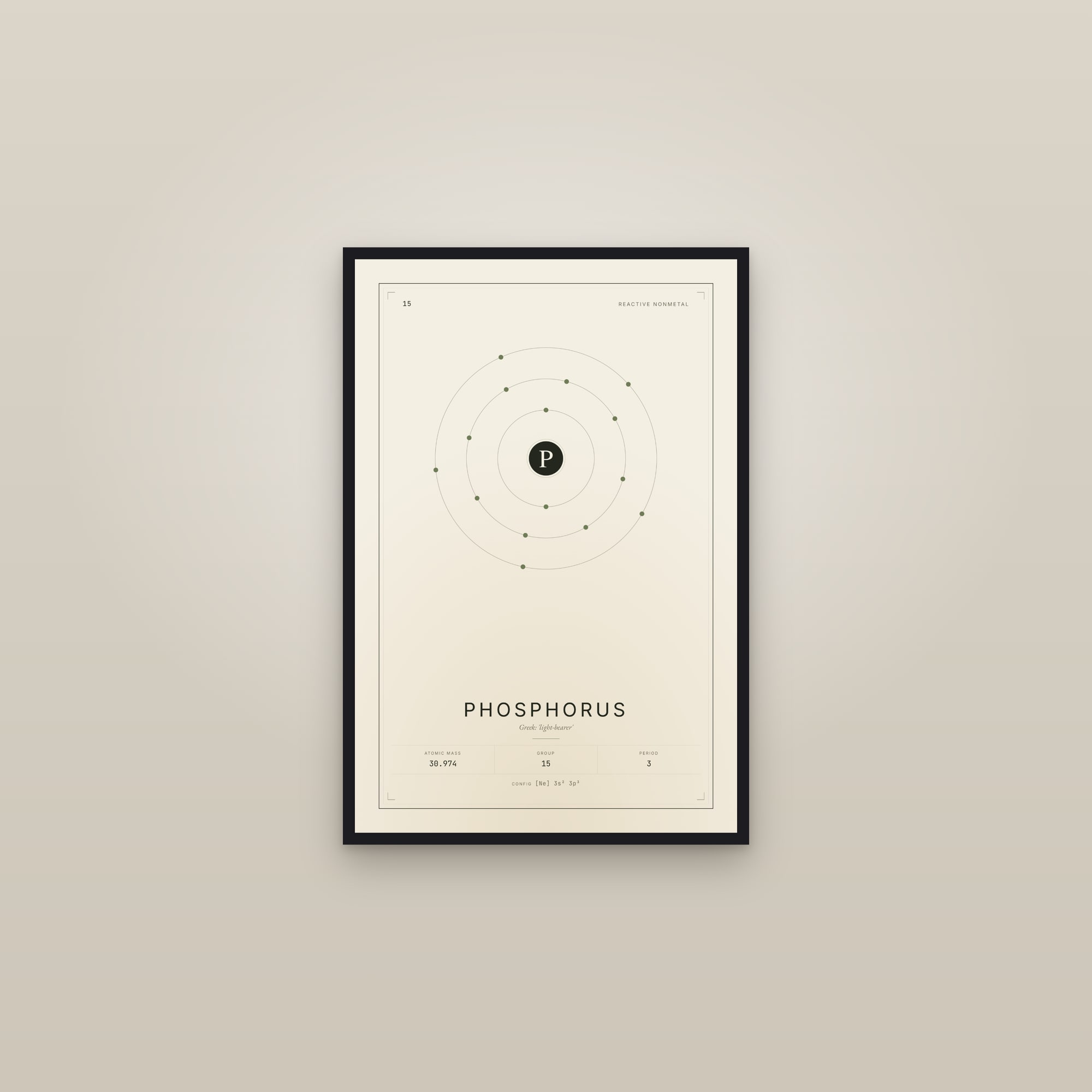 Phosphorus — Element No. 15 — framed in a gallery setting