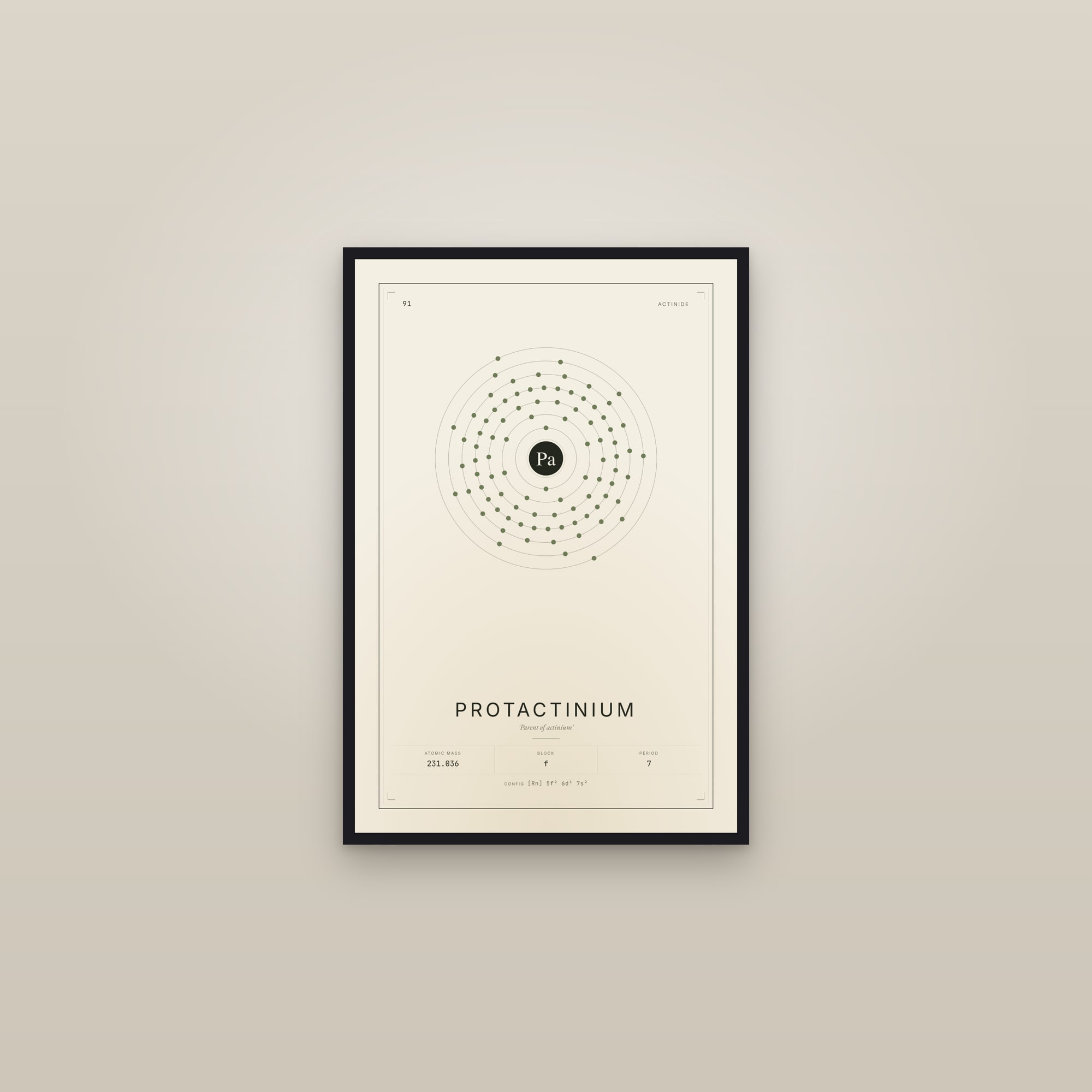 Protactinium — Element No. 91 — framed in a gallery setting