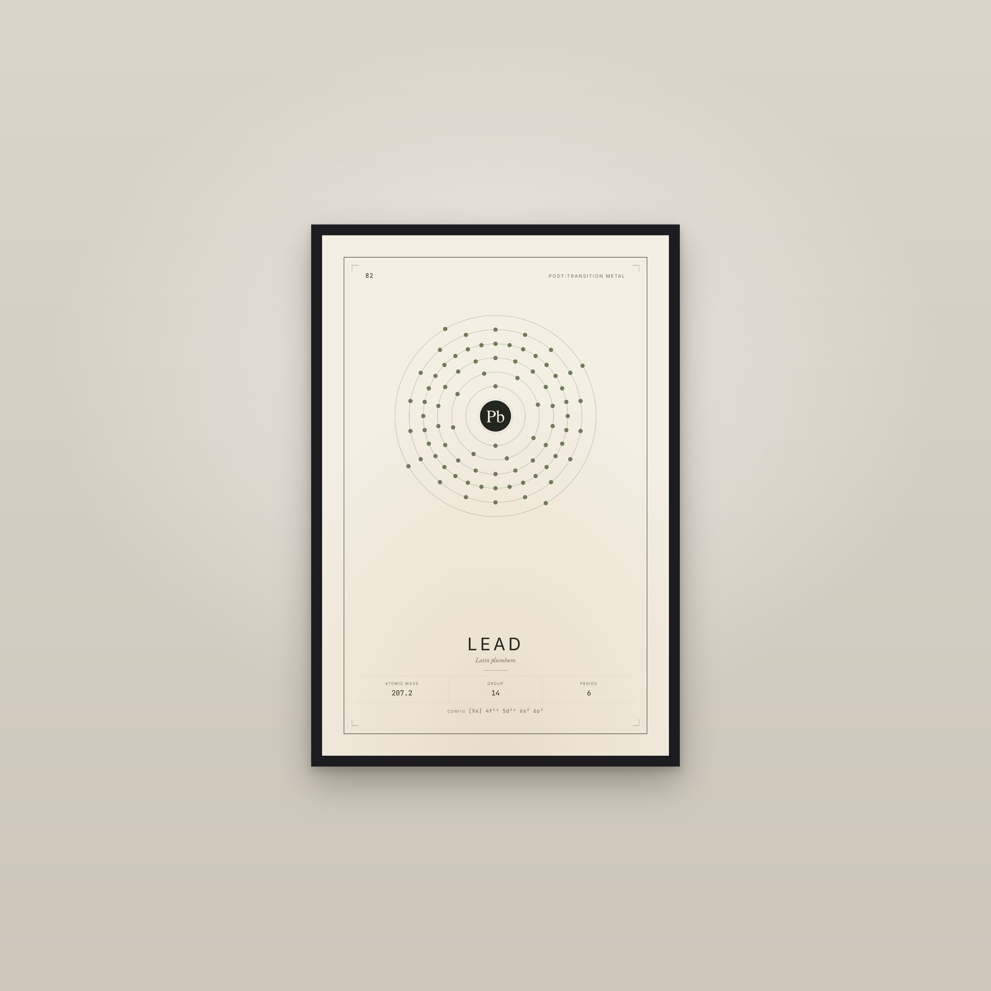 Lead — Element No. 82 — framed in a gallery setting