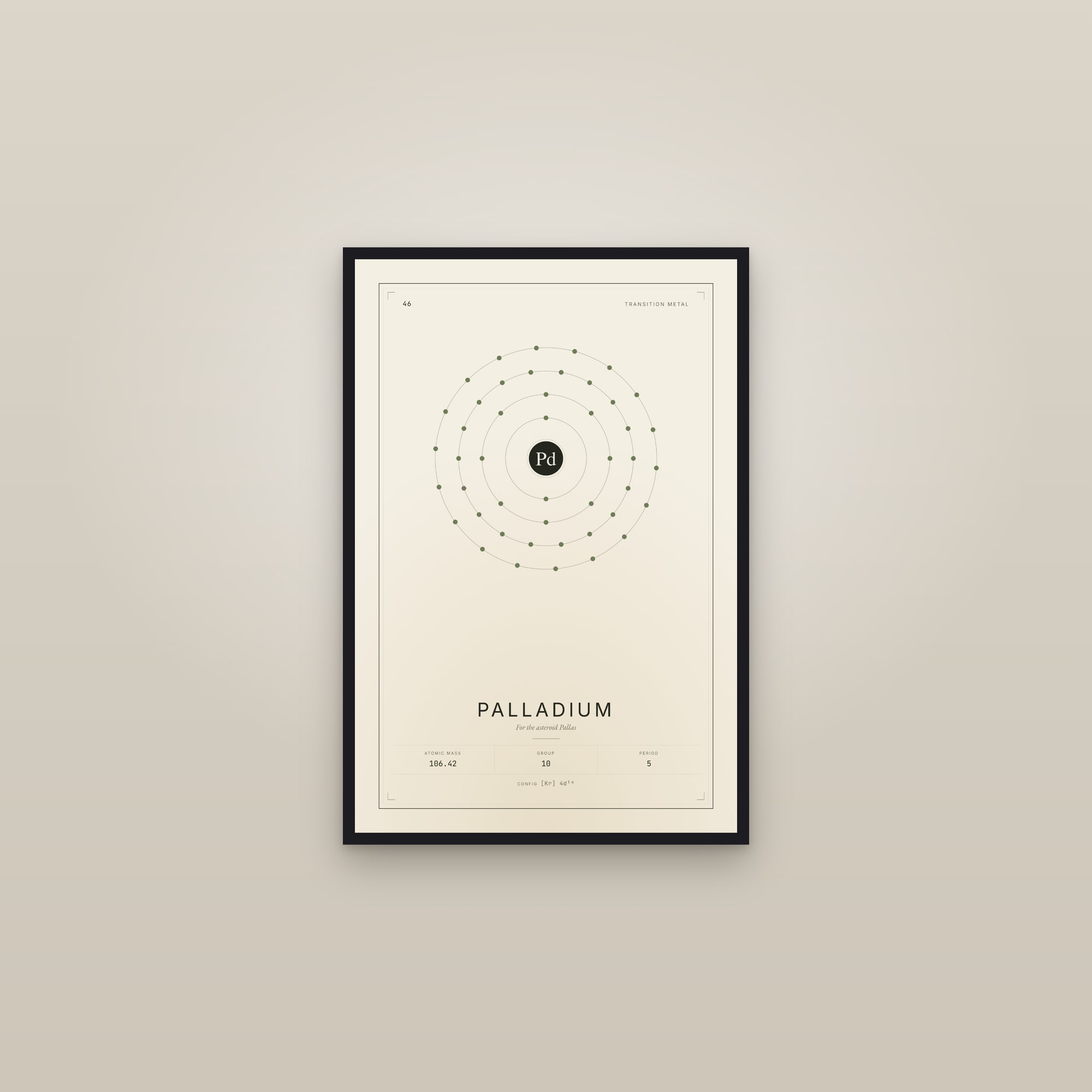 Palladium — Element No. 46 — framed in a gallery setting