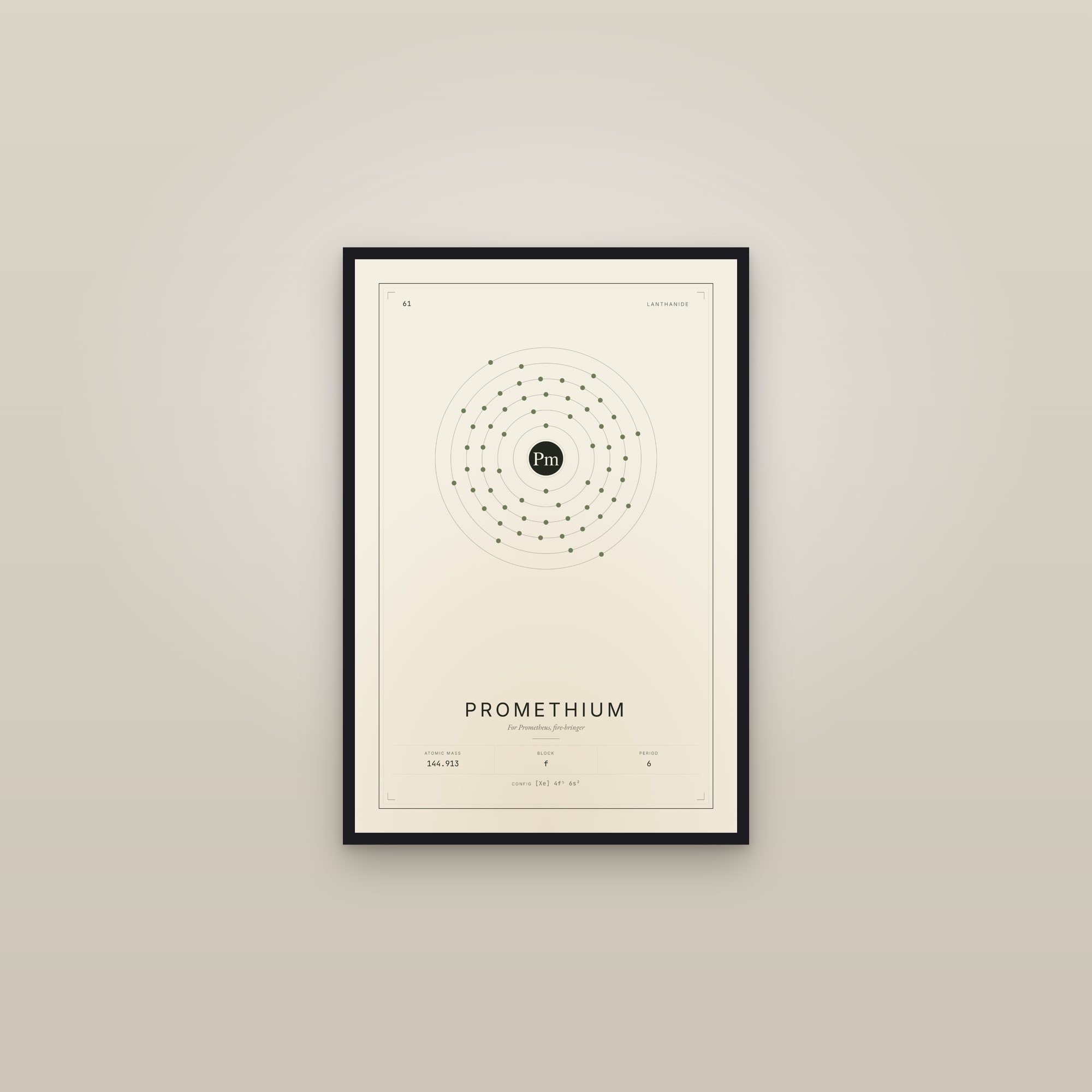 Promethium — Element No. 61 — framed in a gallery setting