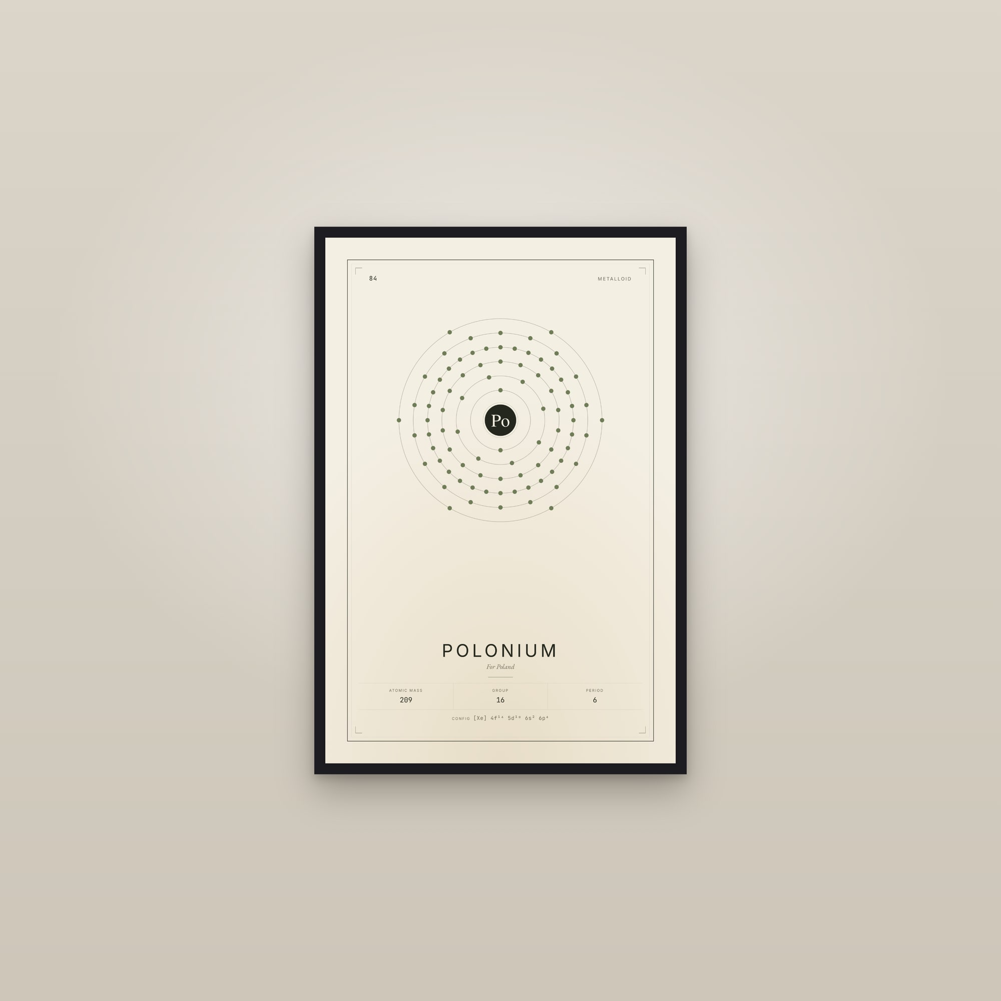 Polonium — Element No. 84 — framed in a gallery setting