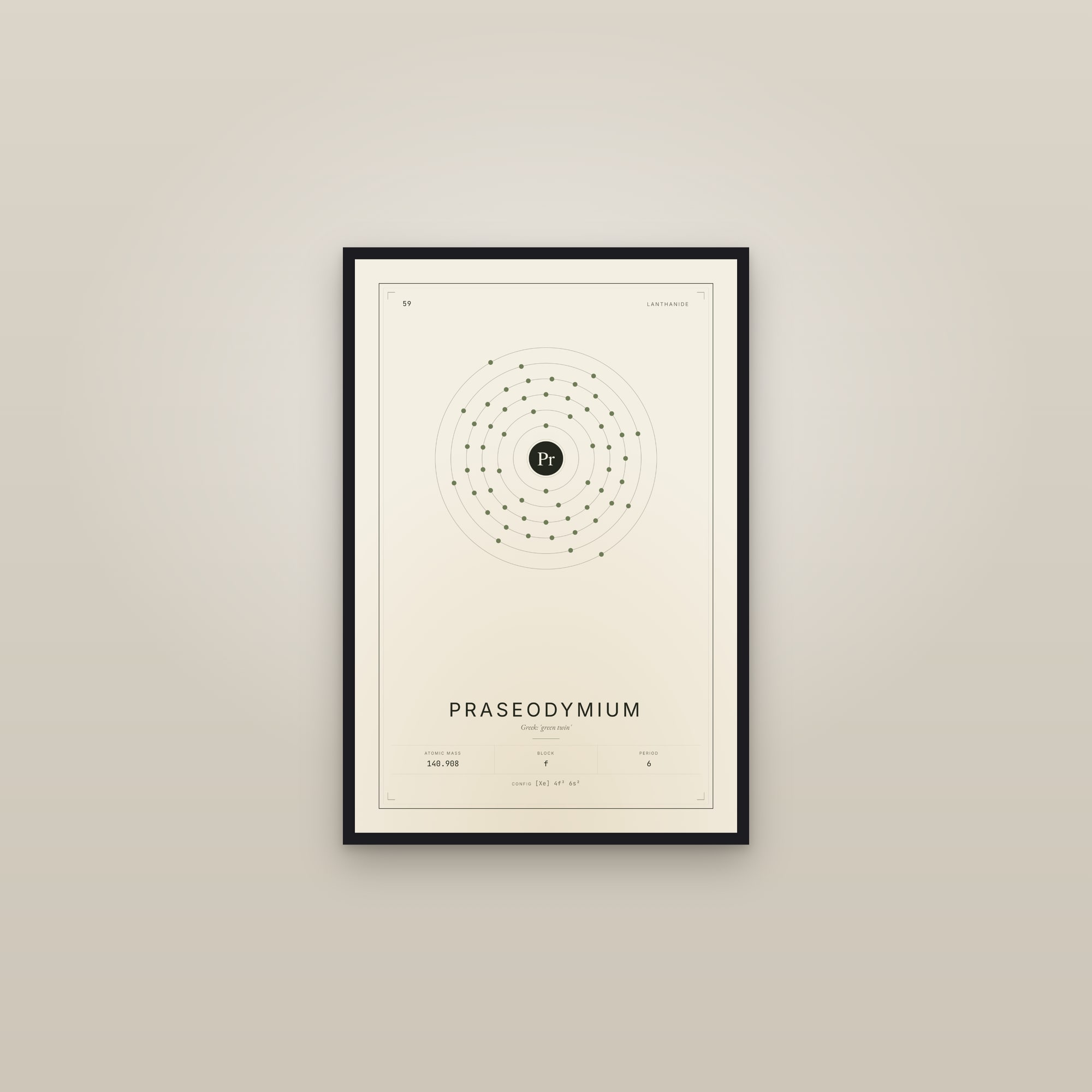 Praseodymium — Element No. 59 — framed in a gallery setting