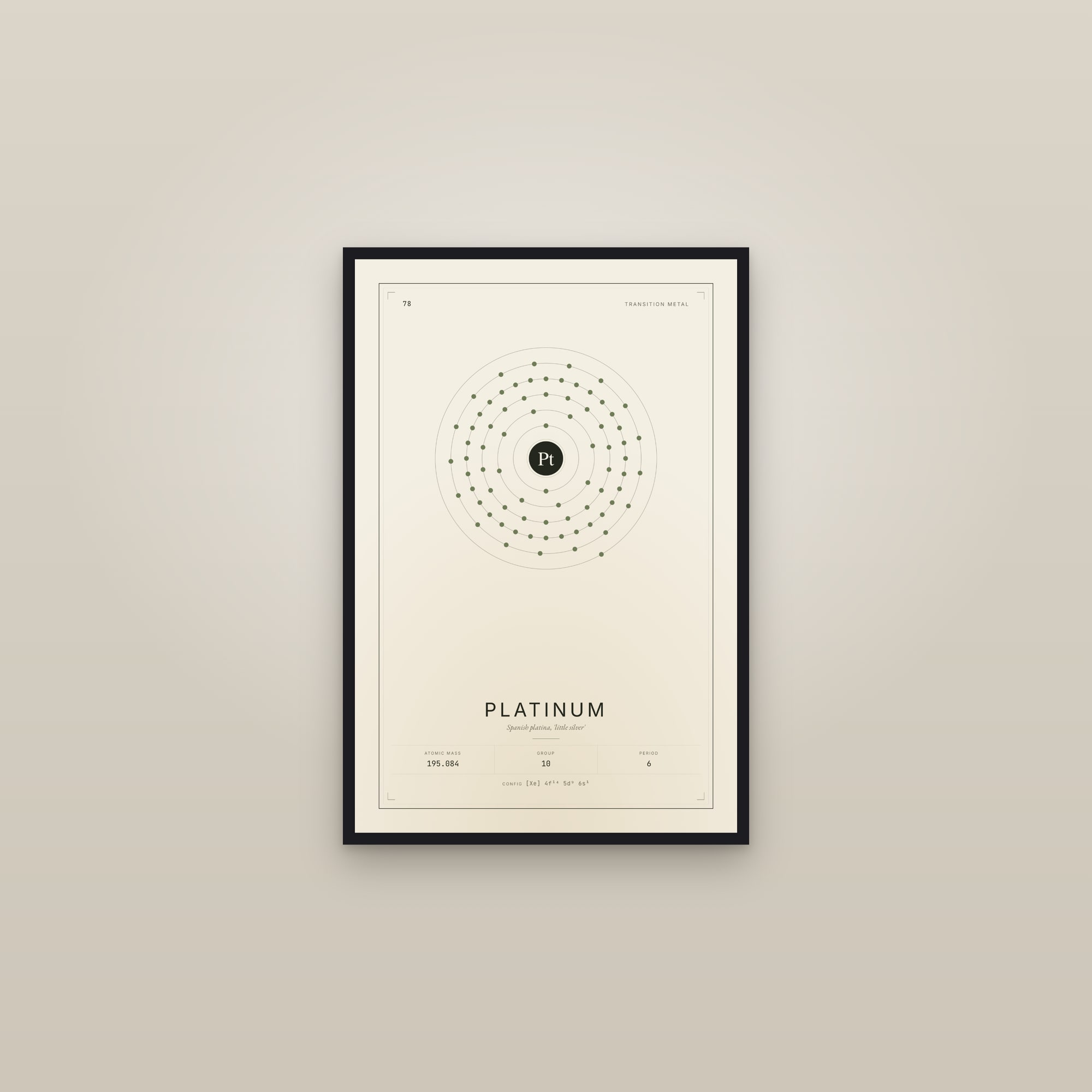 Platinum — Element No. 78 — framed in a gallery setting
