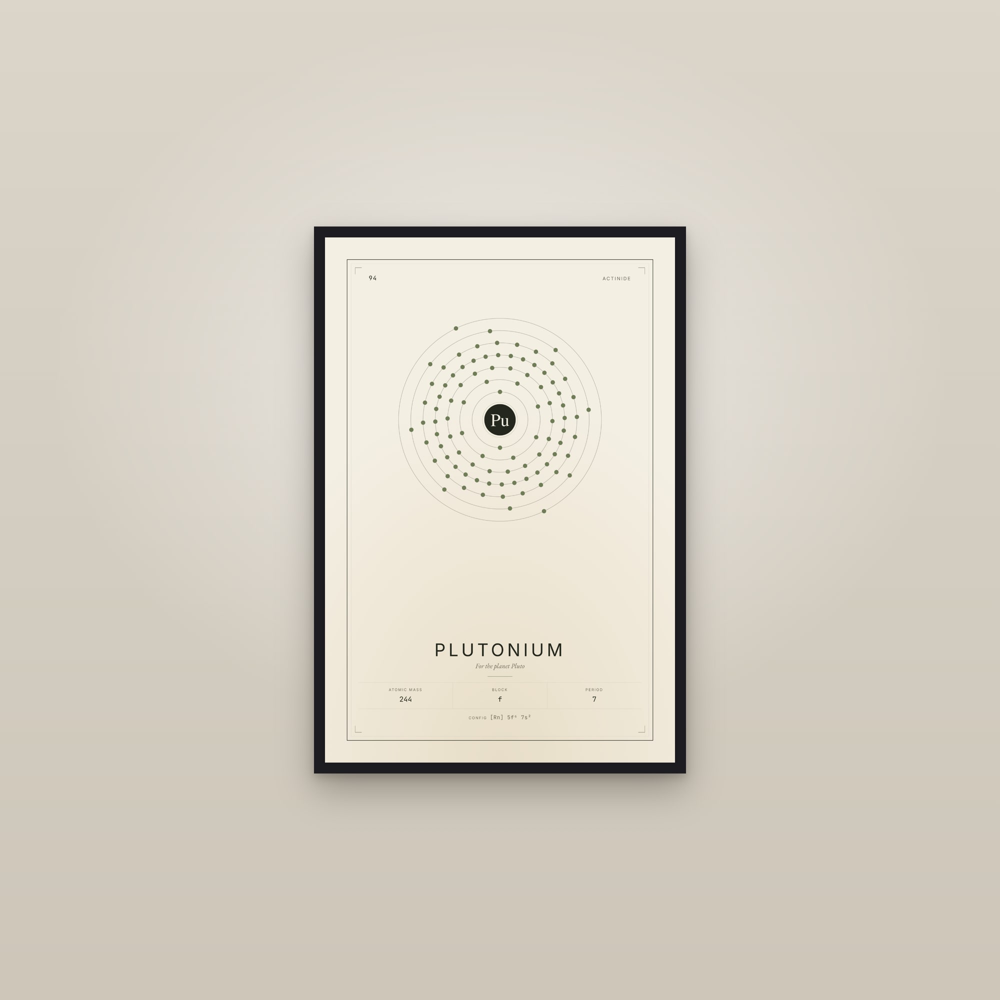 Plutonium — Element No. 94 — framed in a gallery setting