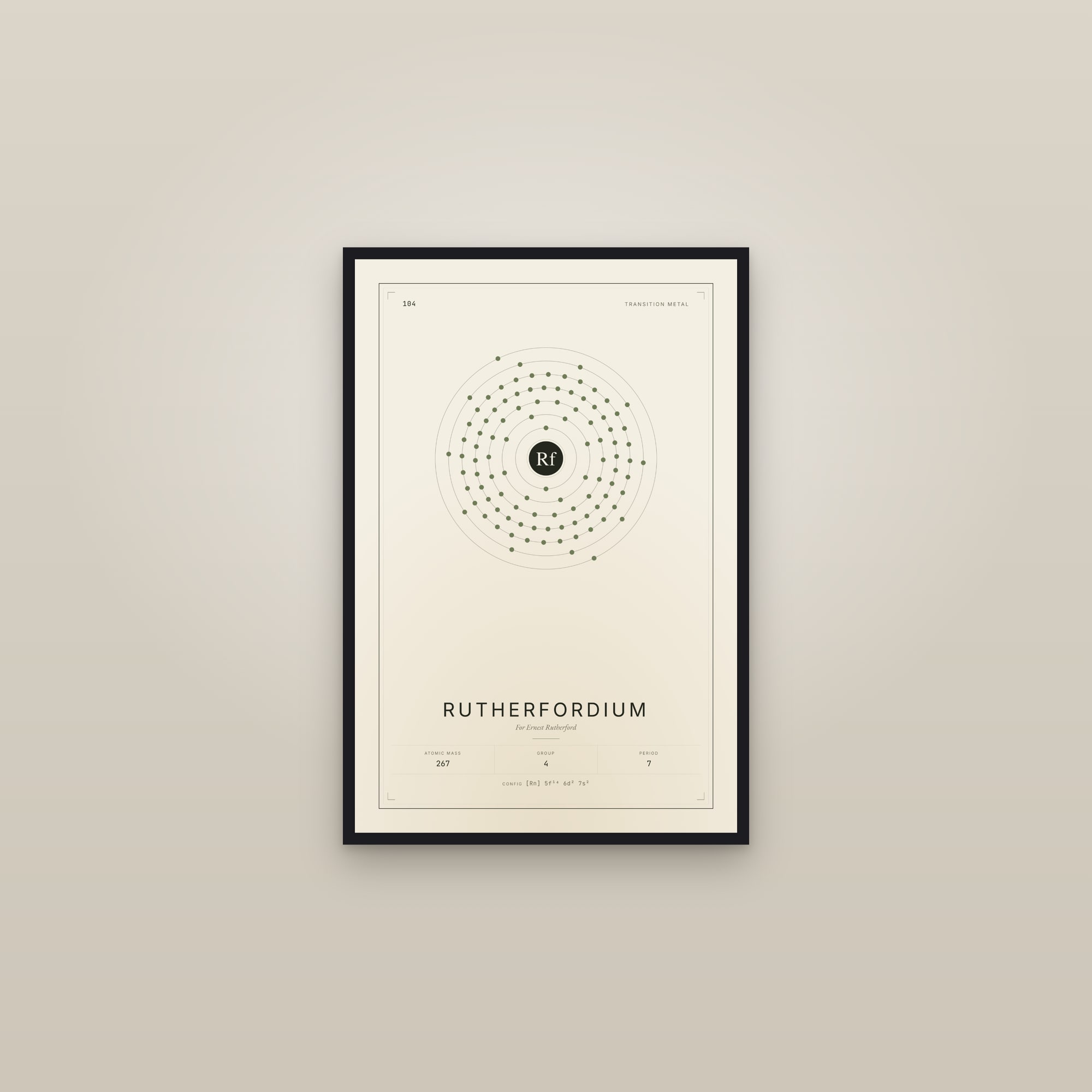 Rutherfordium — Element No. 104 — framed in a gallery setting