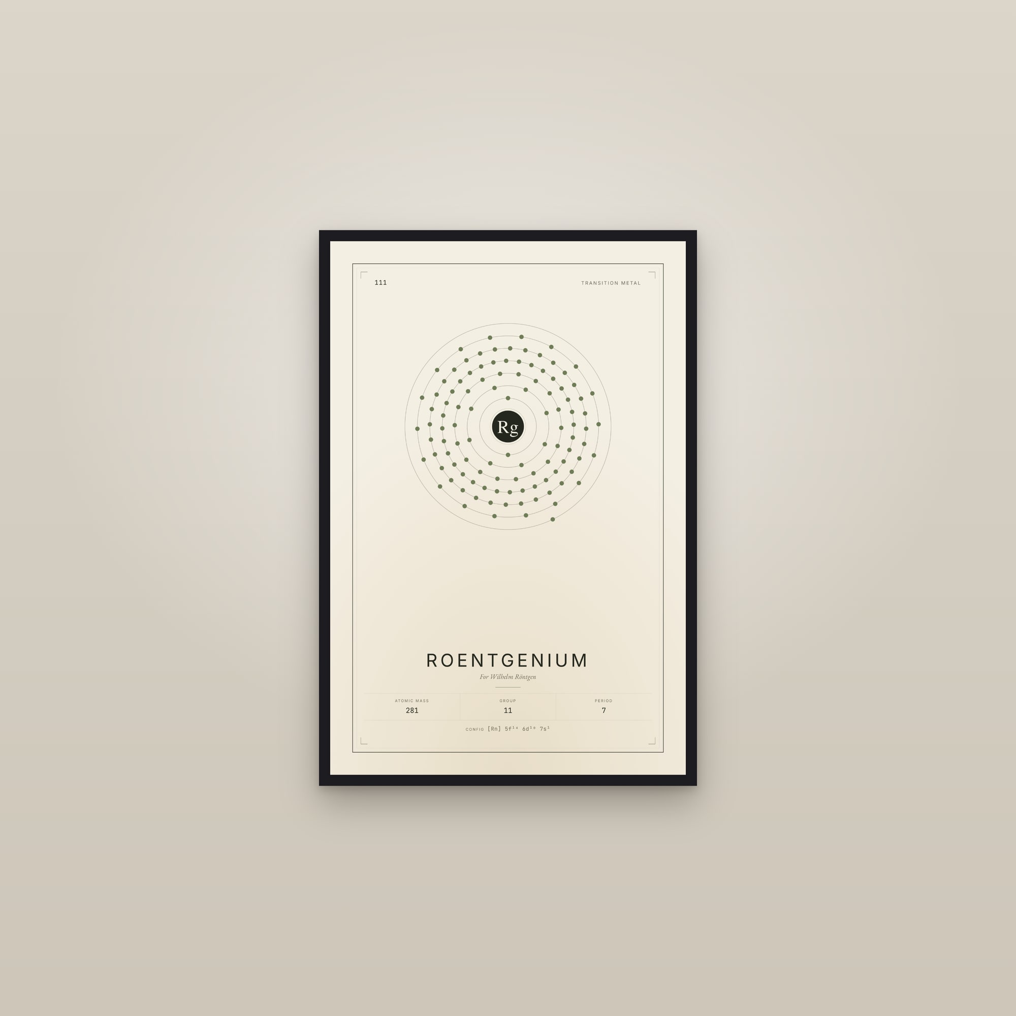 Roentgenium — Element No. 111 — framed in a gallery setting