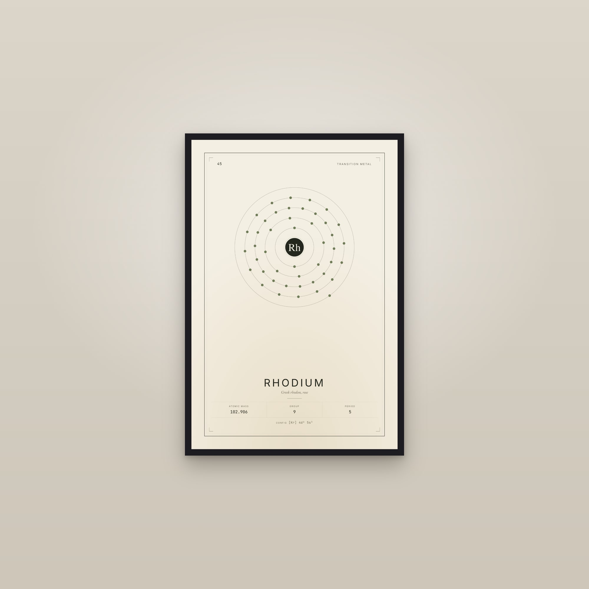 Rhodium — Element No. 45 — framed in a gallery setting
