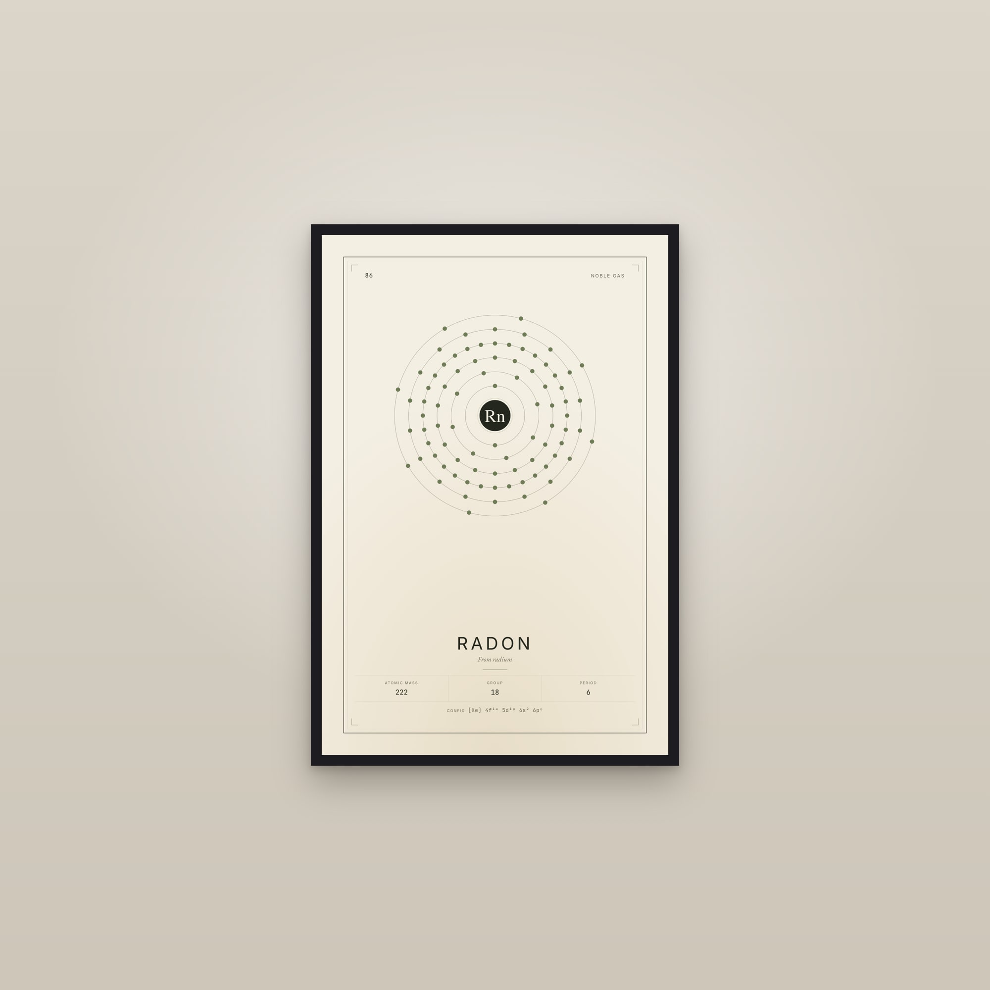 Radon — Element No. 86 — framed in a gallery setting
