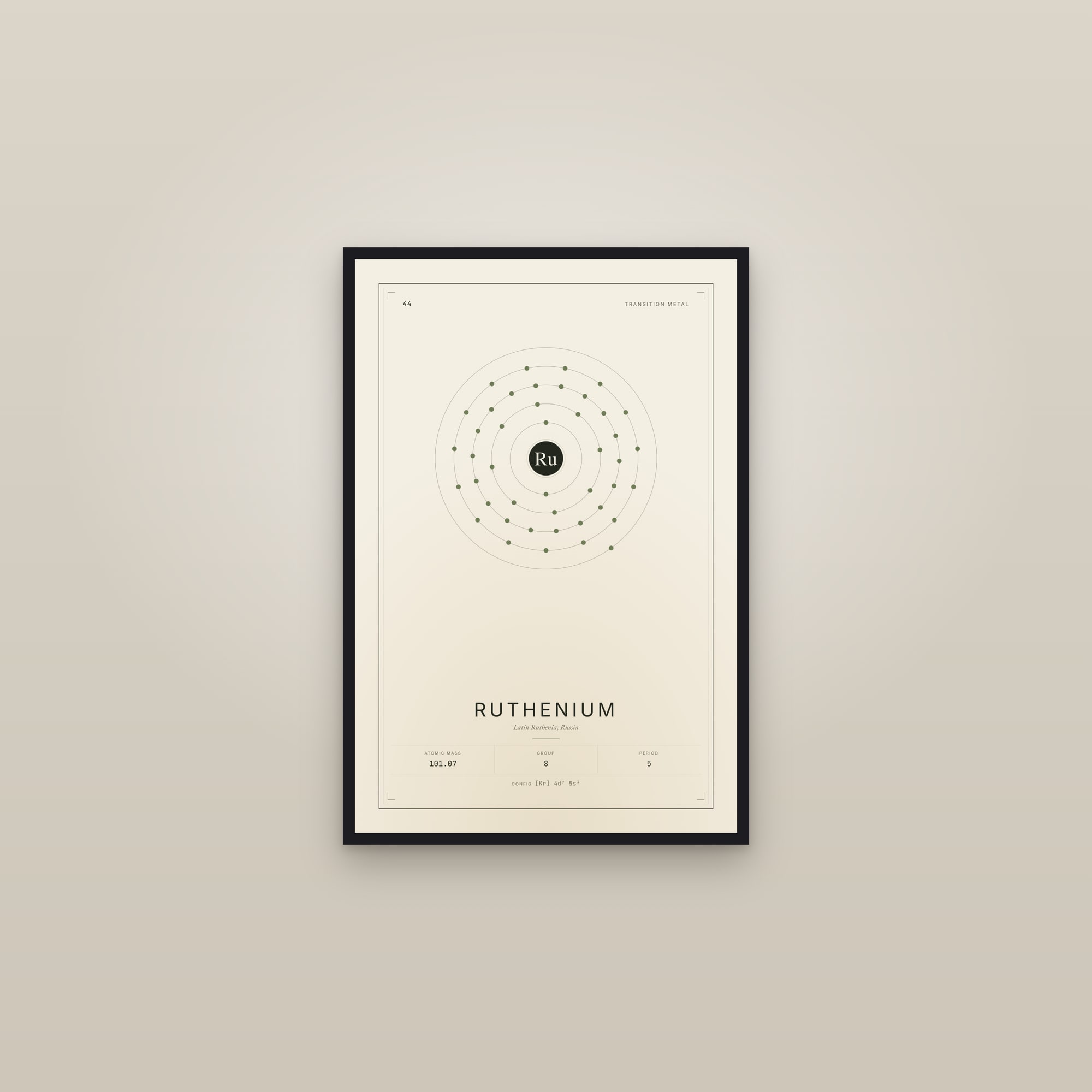 Ruthenium — Element No. 44 — framed in a gallery setting