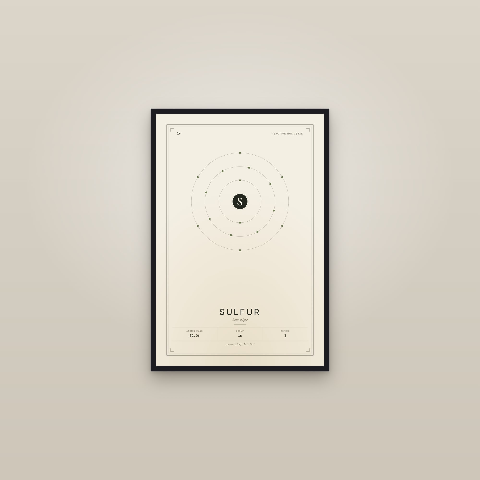 Sulfur — Element No. 16 — framed in a gallery setting